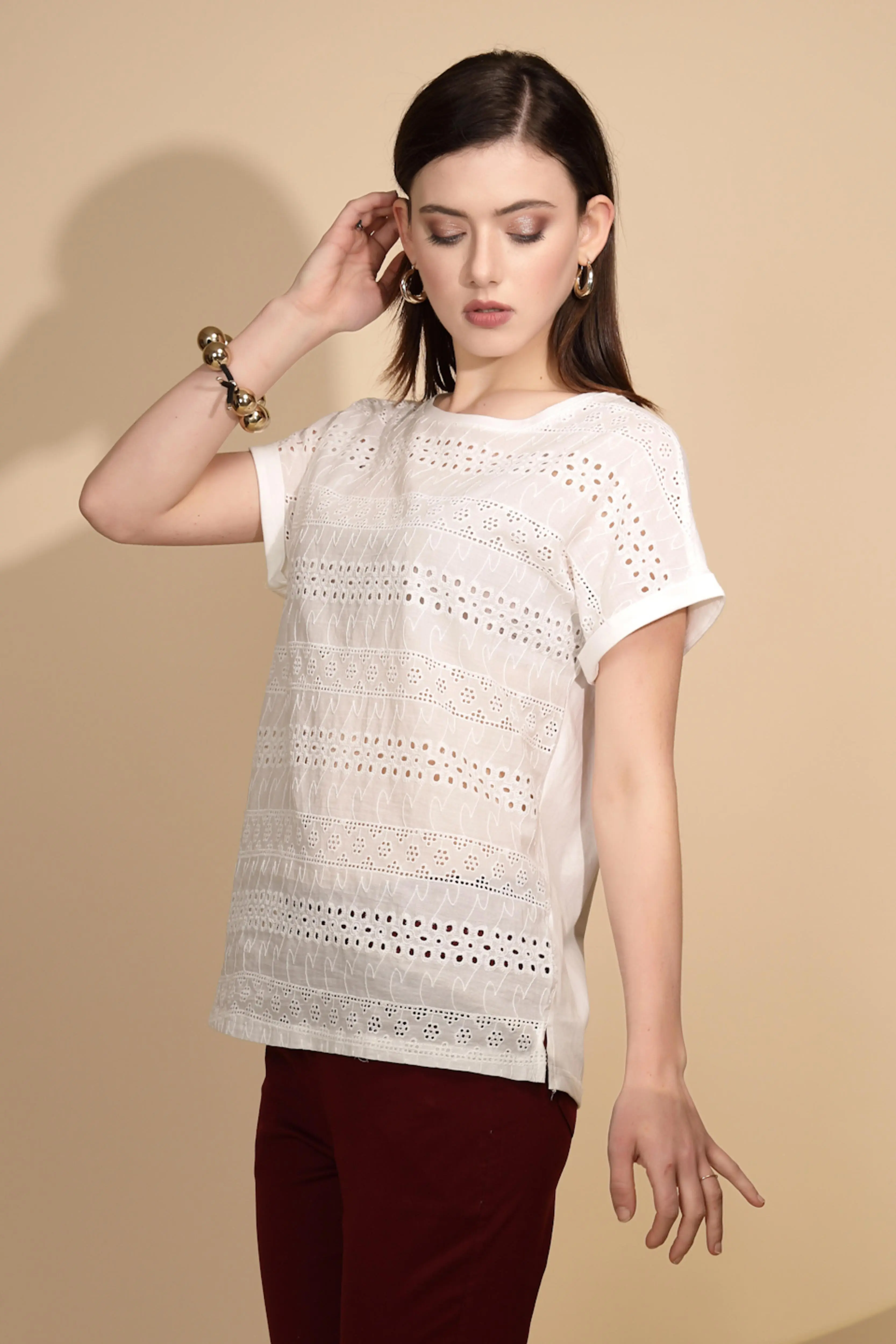 White Cotton Schiffli Panel Top - Image 3