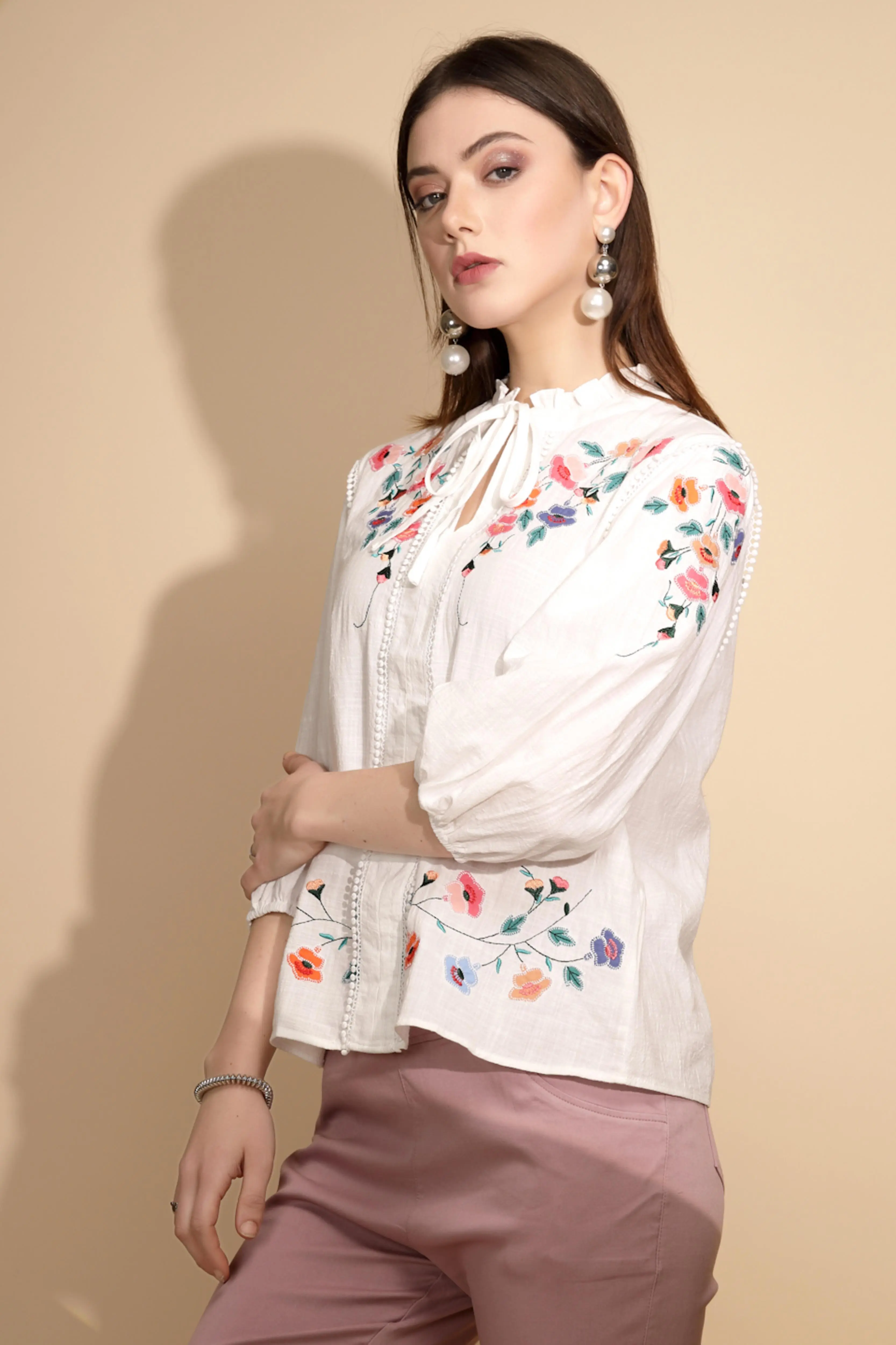 White Floral Embroidered Cotton Top - Image 2