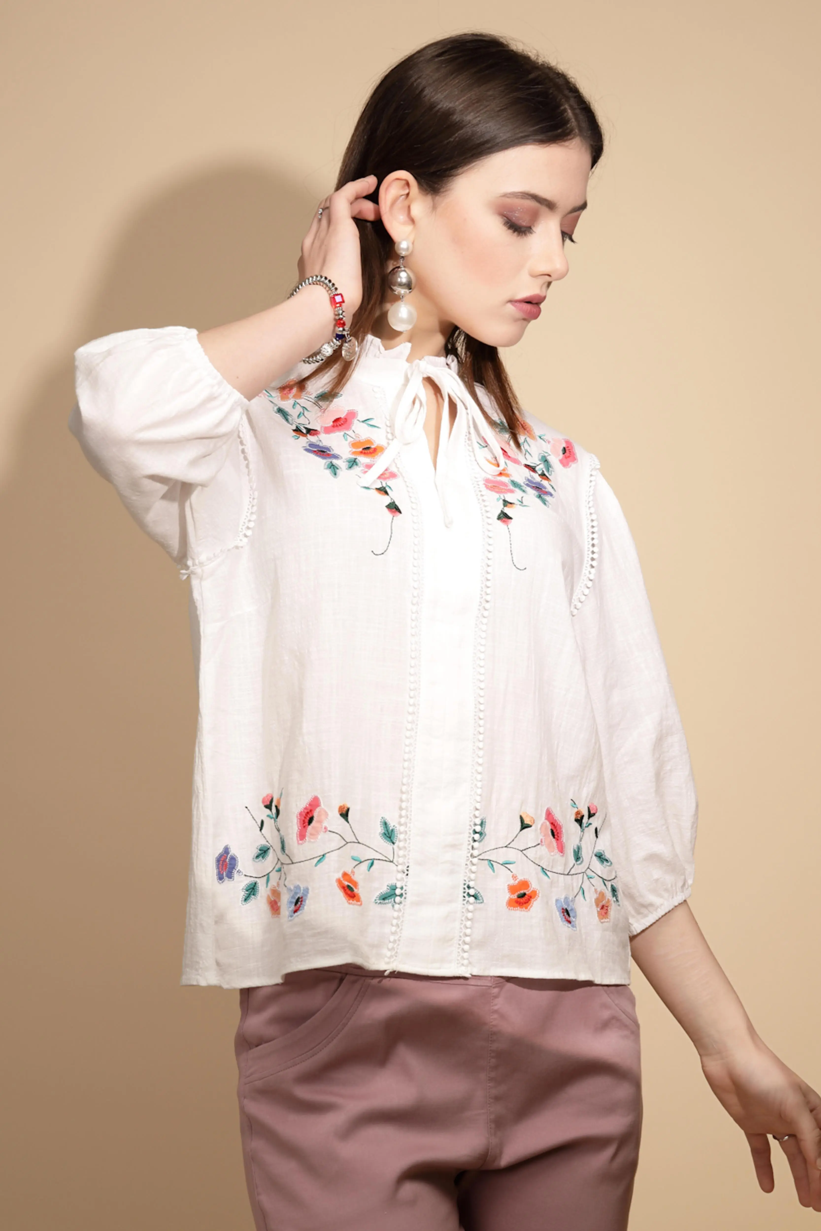 White Floral Embroidered Cotton Top - Image 3