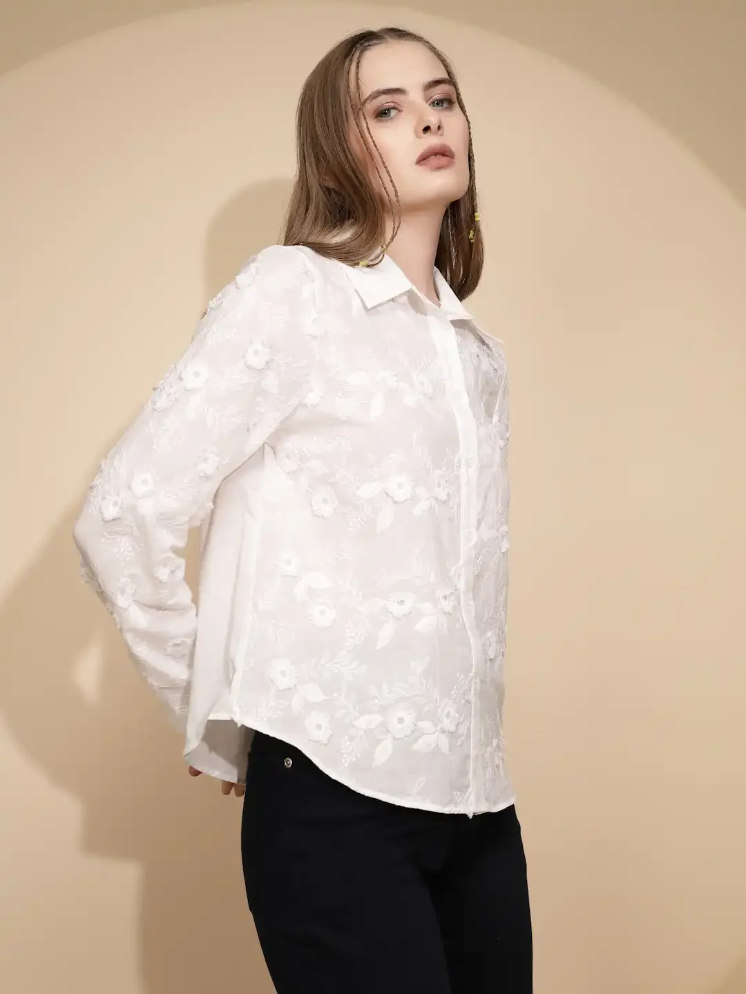 White 3D Embroidered Cotton Shirt - Image 10