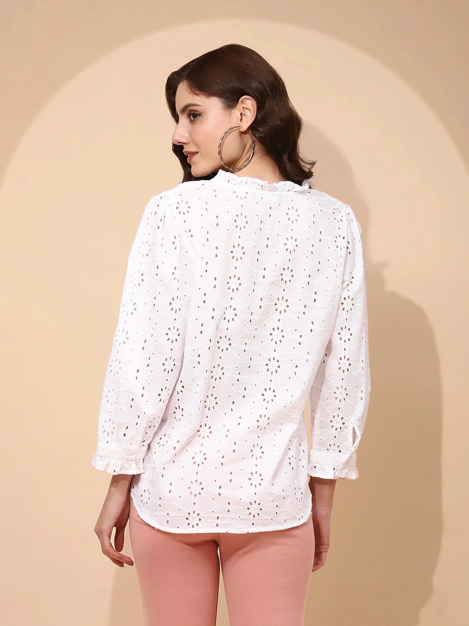White Cotton Regular Fit Schiffli Shirt - Image 4