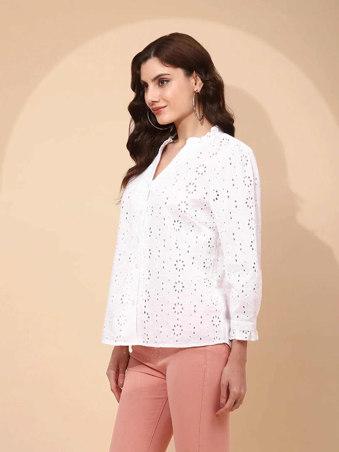 White Cotton Regular Fit Schiffli Shirt - Image 8
