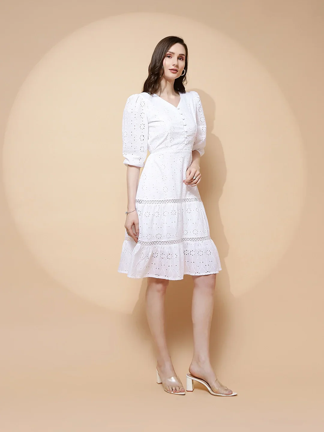 White Cotton Schiffli Flared Dress For - Image 5
