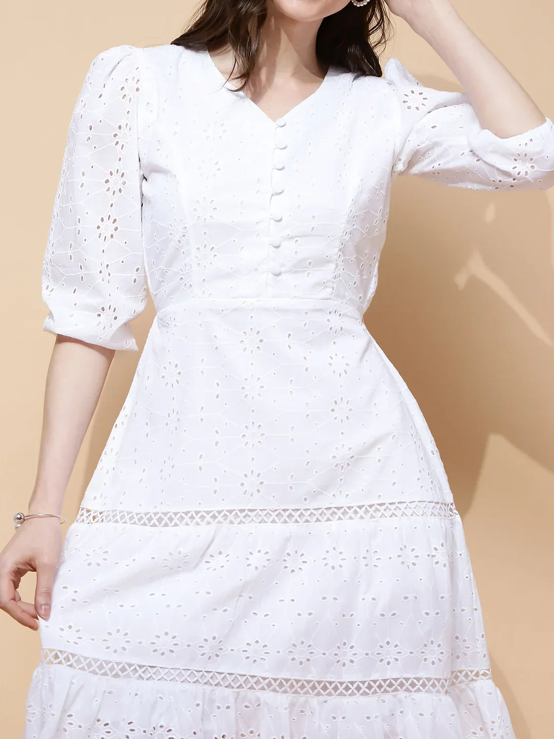 White Cotton Schiffli Flared Dress For - Image 6
