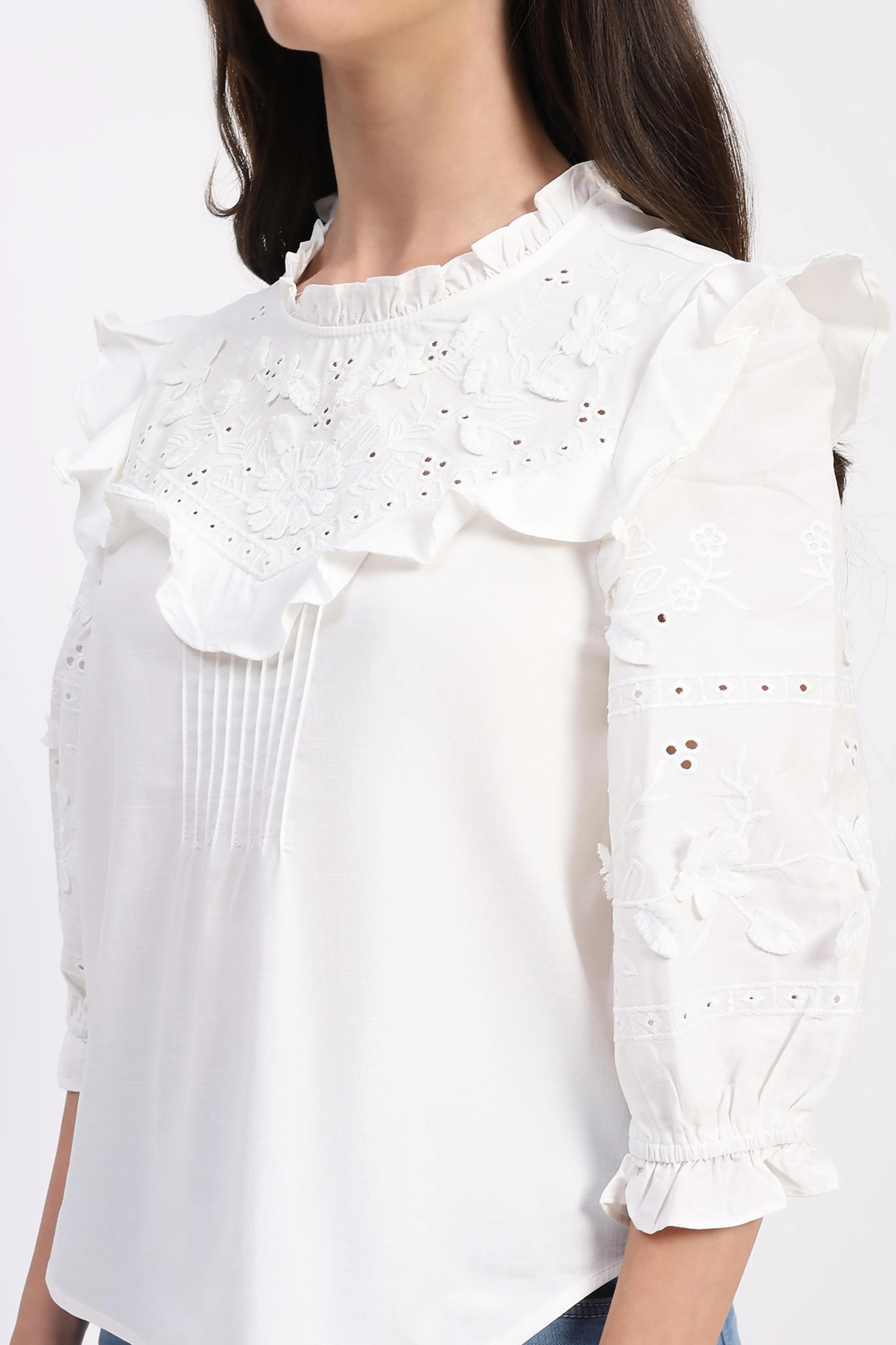 White Embroidered Cotton Blouson Top - Image 5