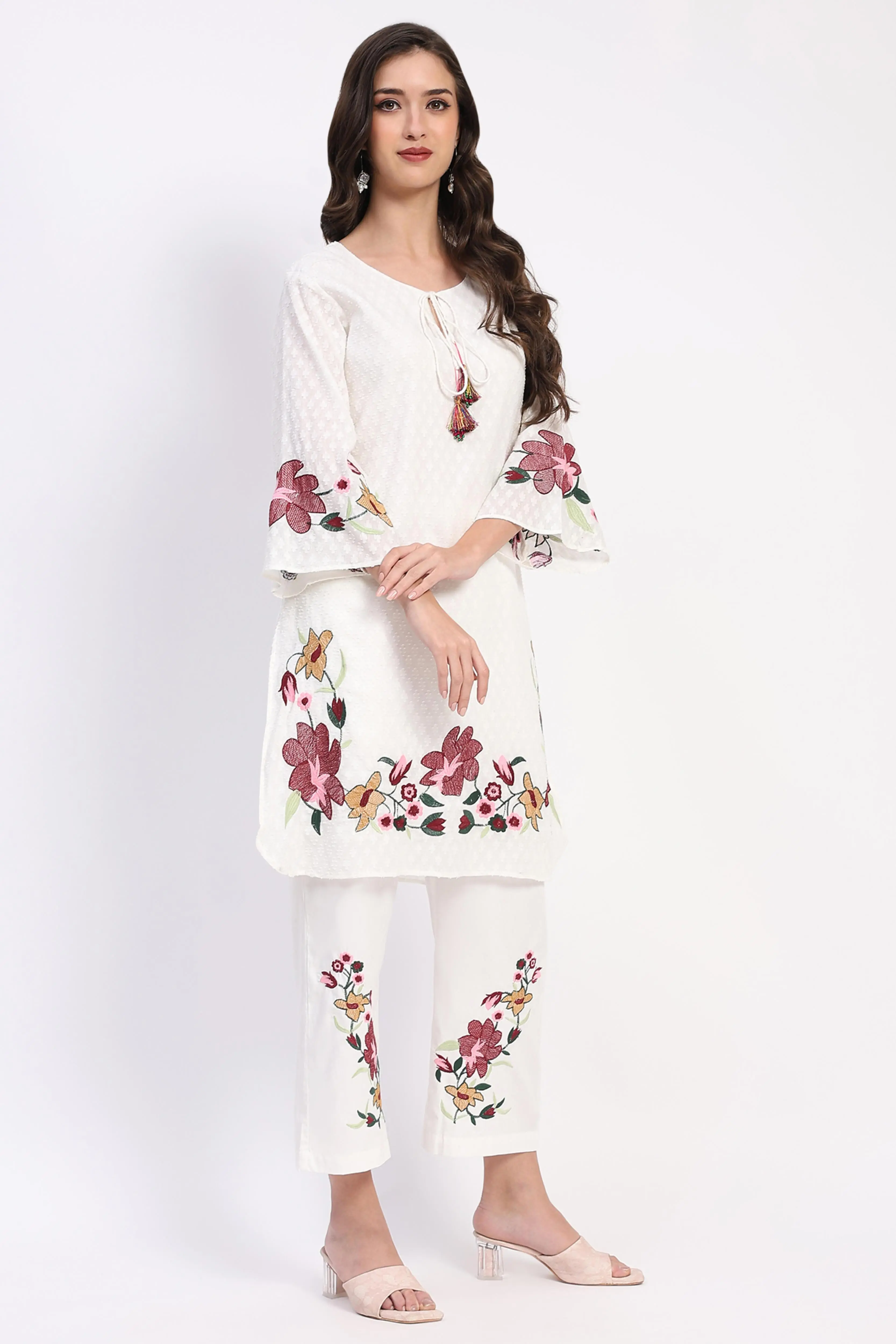 White Embroidered Cotton Kurta Set - Image 3