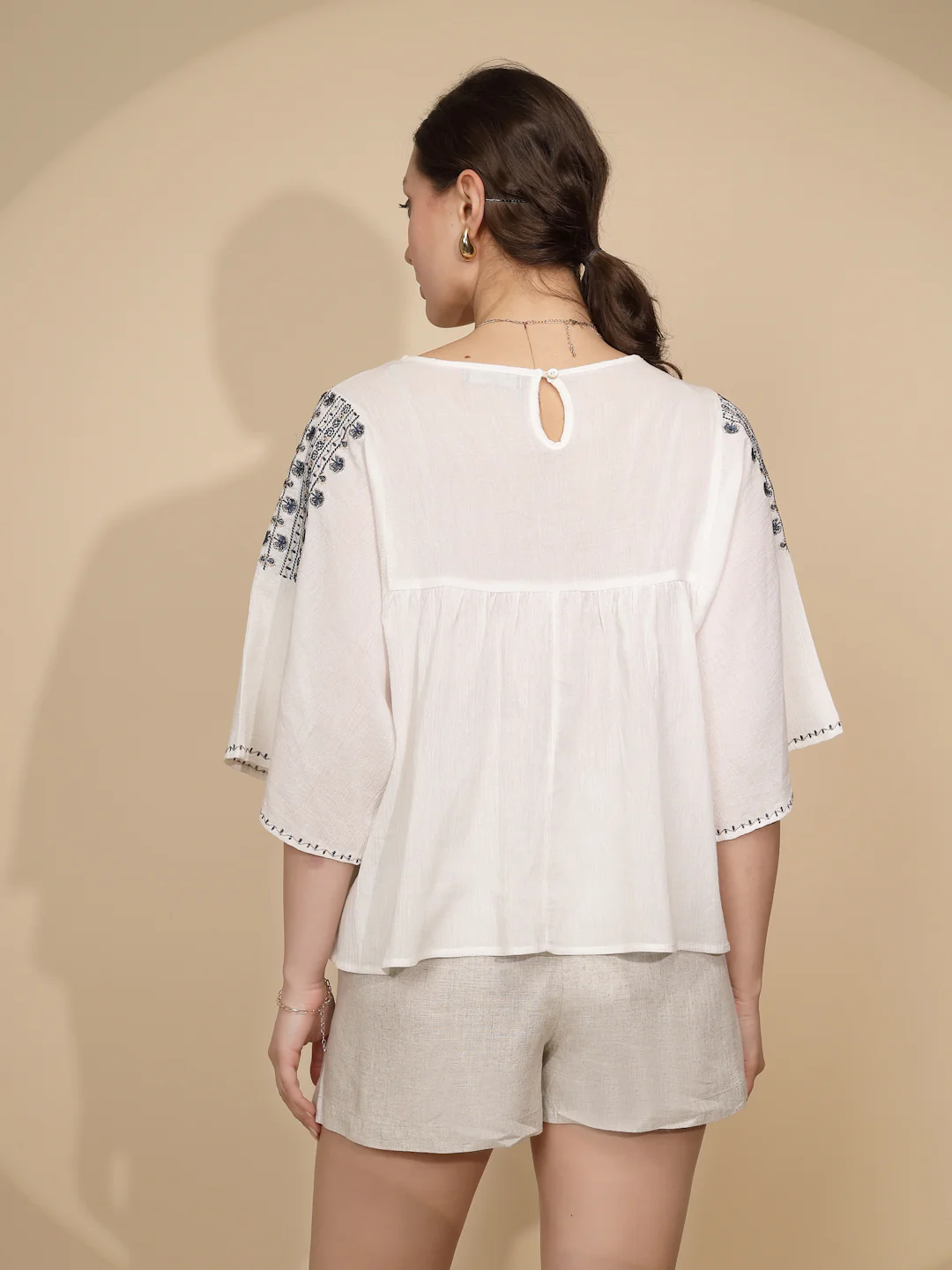 White Embroidered Cotton Loose Top - Image 2