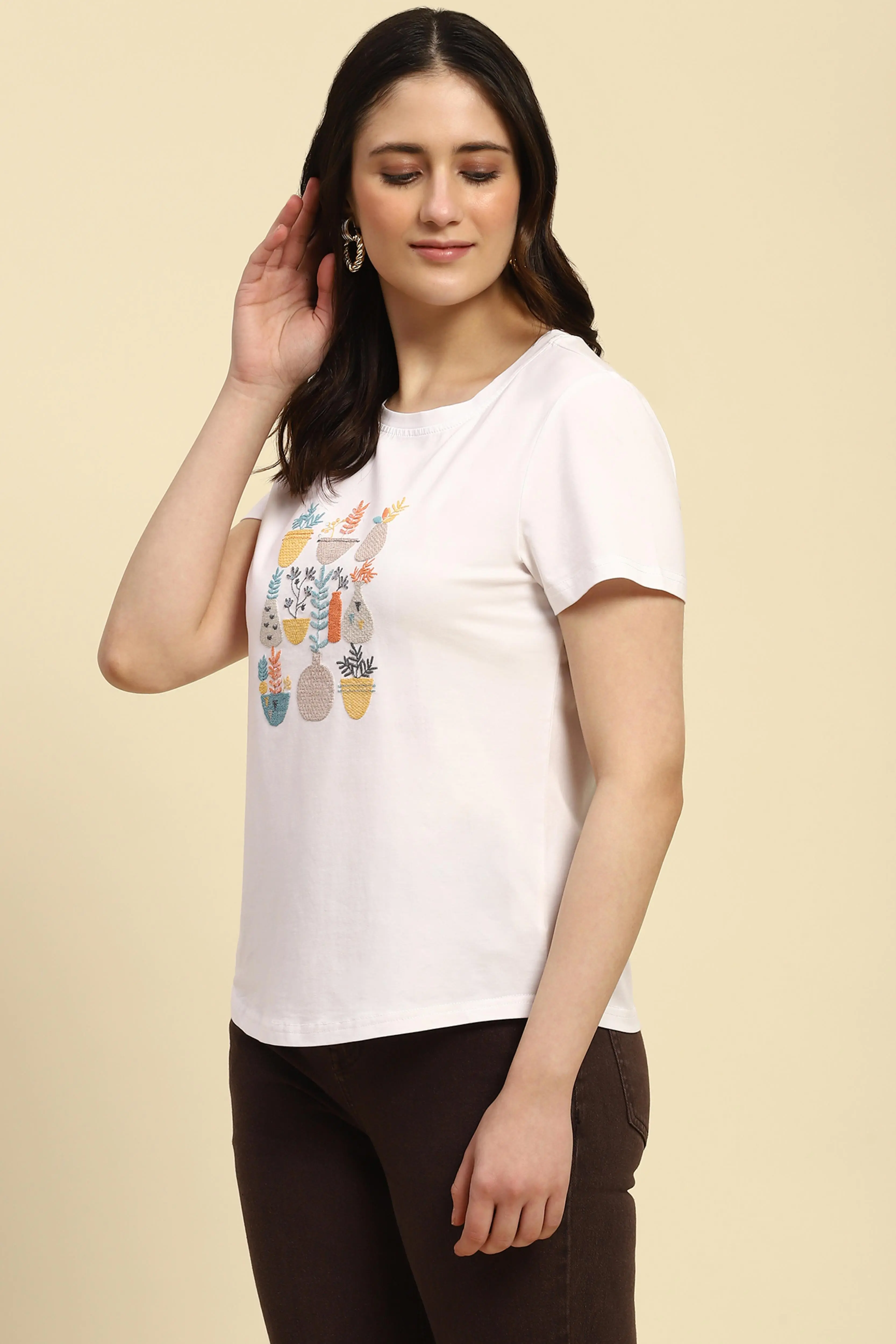 White Embroidered Round Neck Top - Image 2