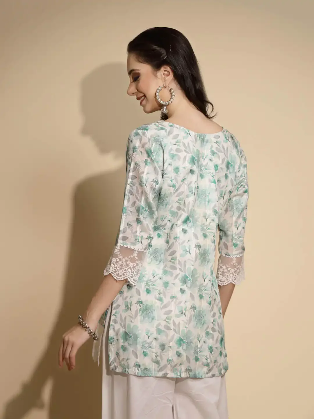 White Floral Print Cotton Tunic - Image 10