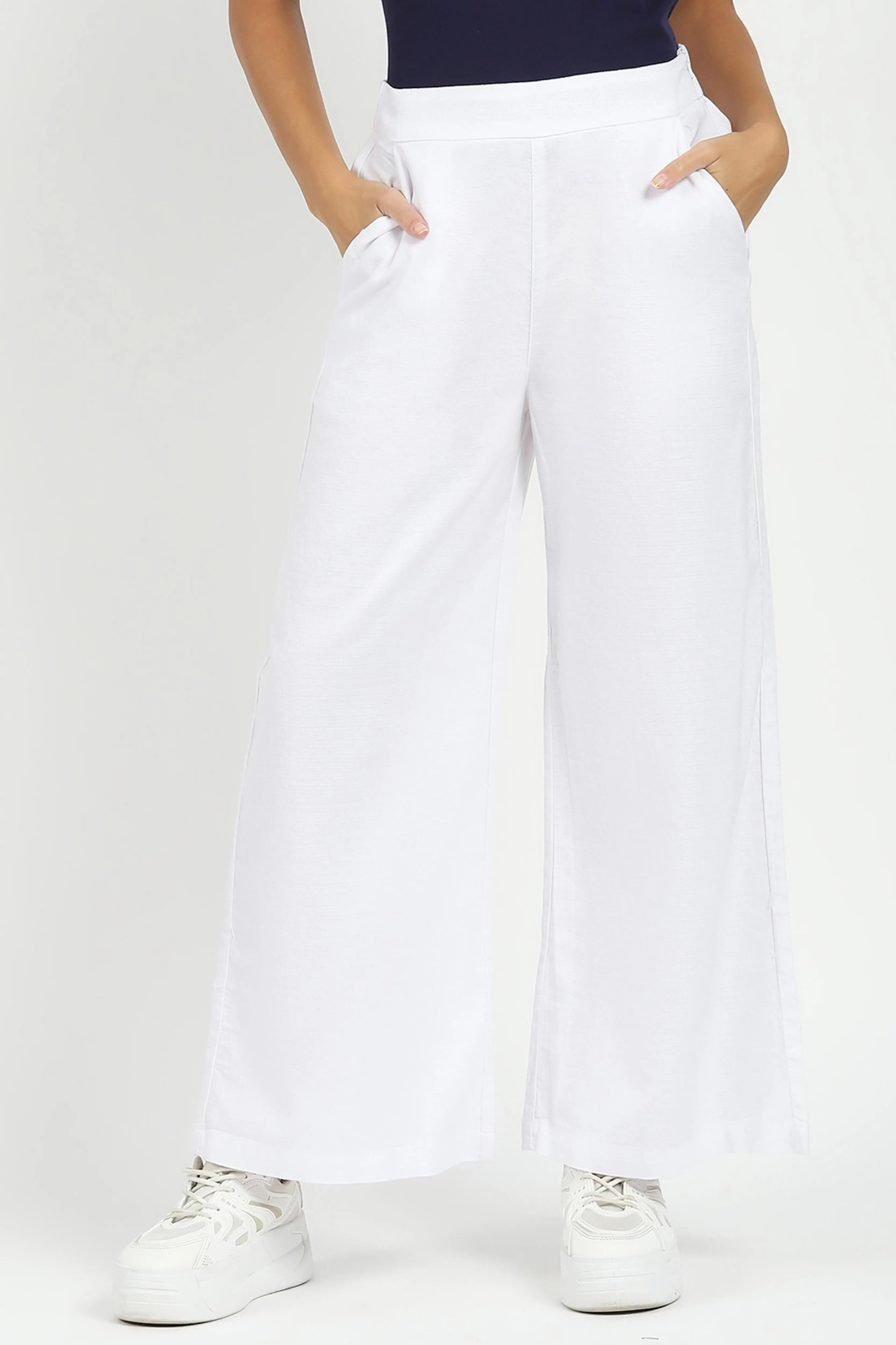 White Solid Cotton Blend Trousers