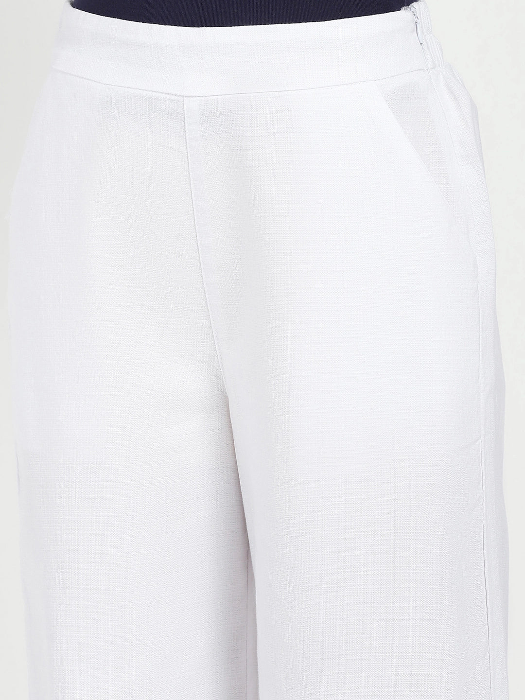 White Solid Cotton Blend Trousers - Image 11