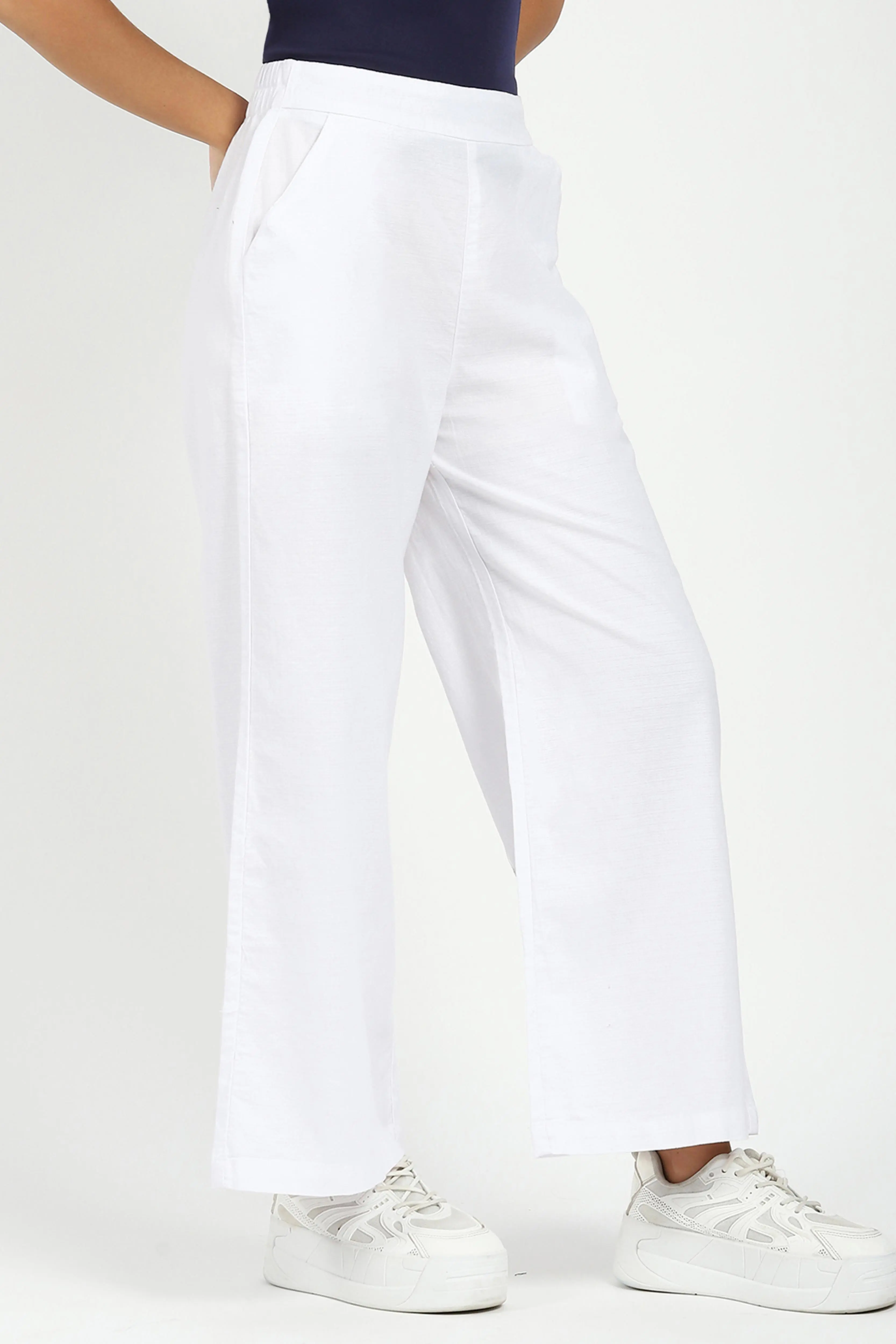 White Solid Cotton Blend Trousers - Image 3