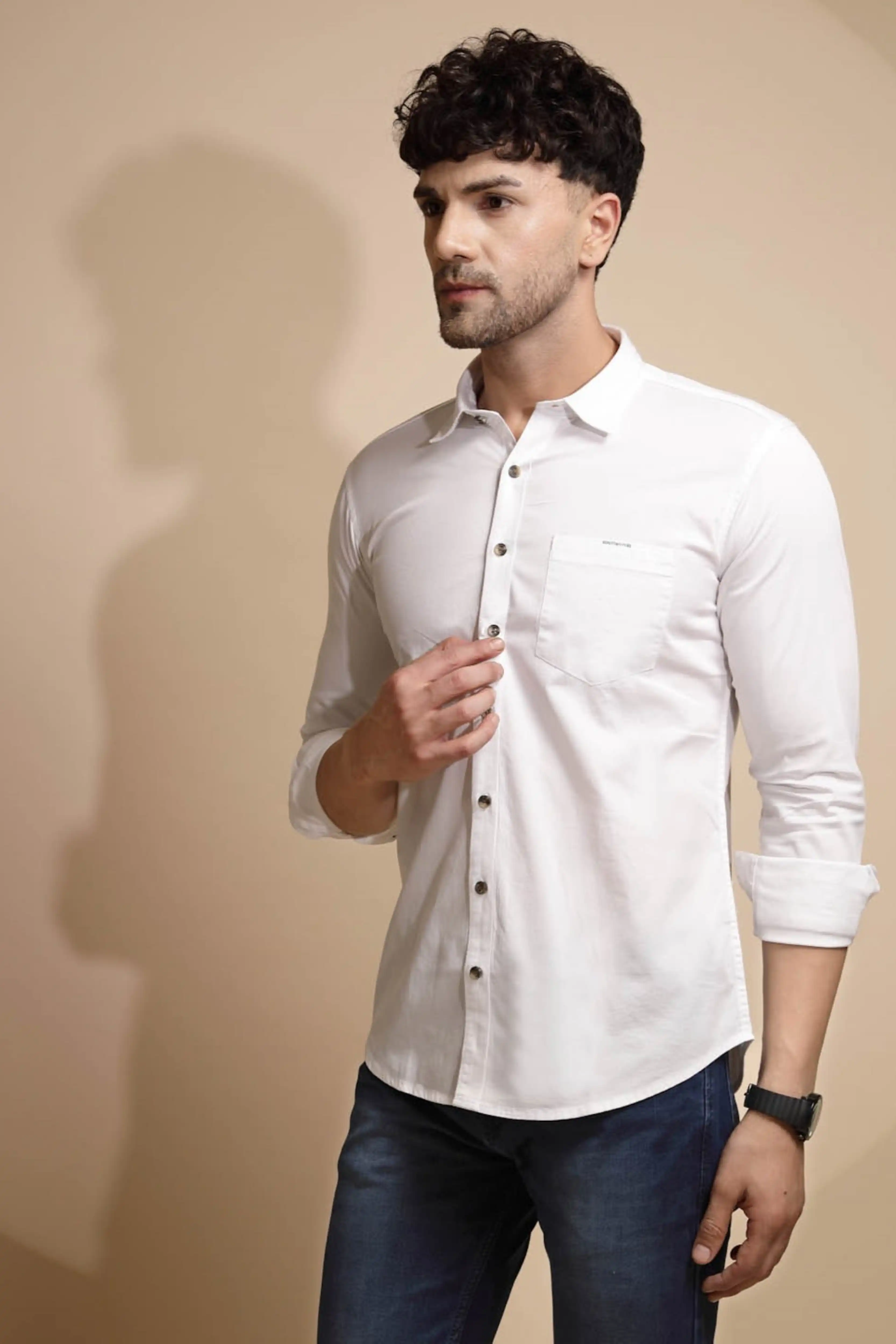 White Solid Cotton Blend Shirt - Image 3