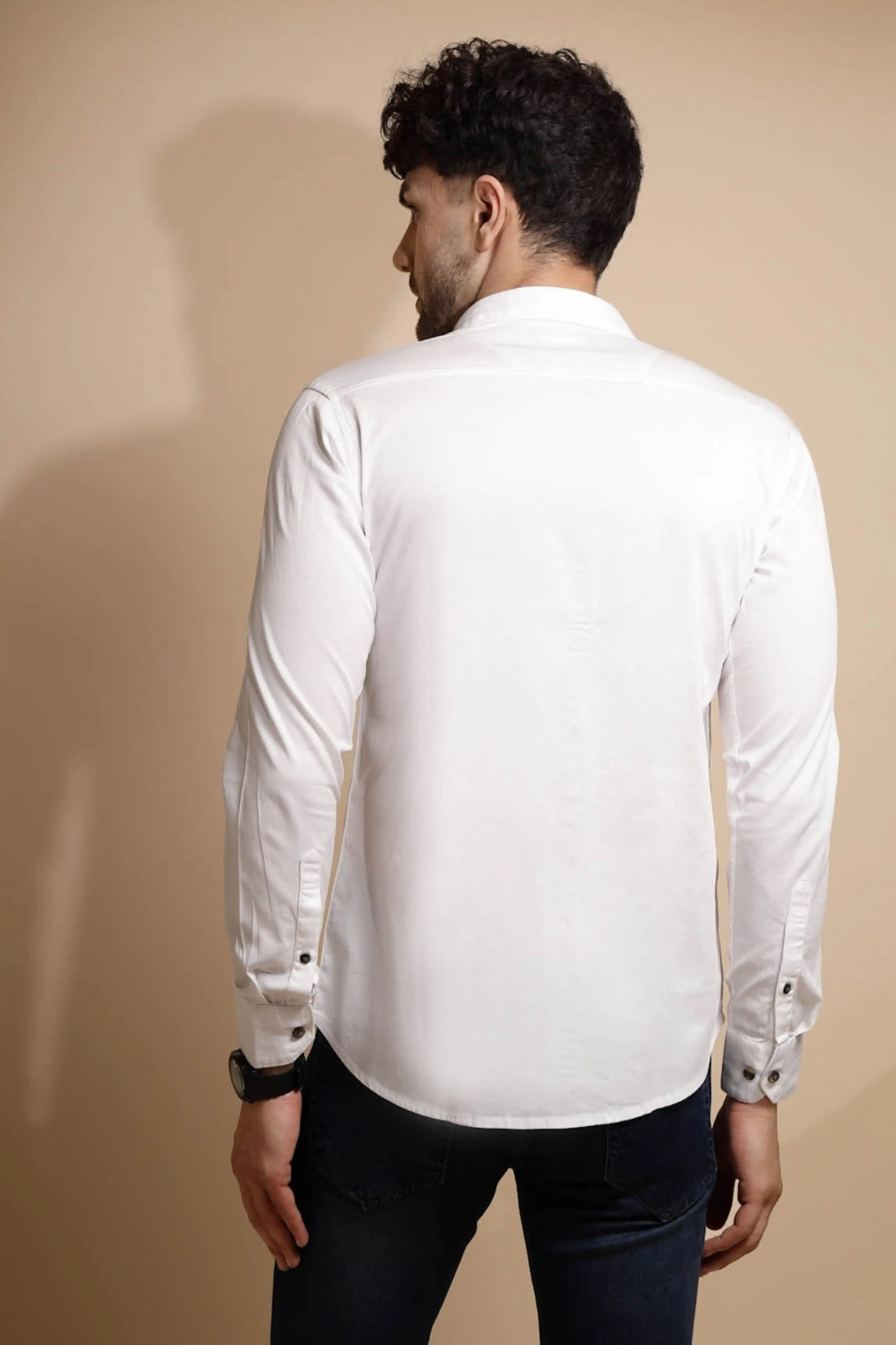 White Solid Cotton Blend Shirt - Image 4