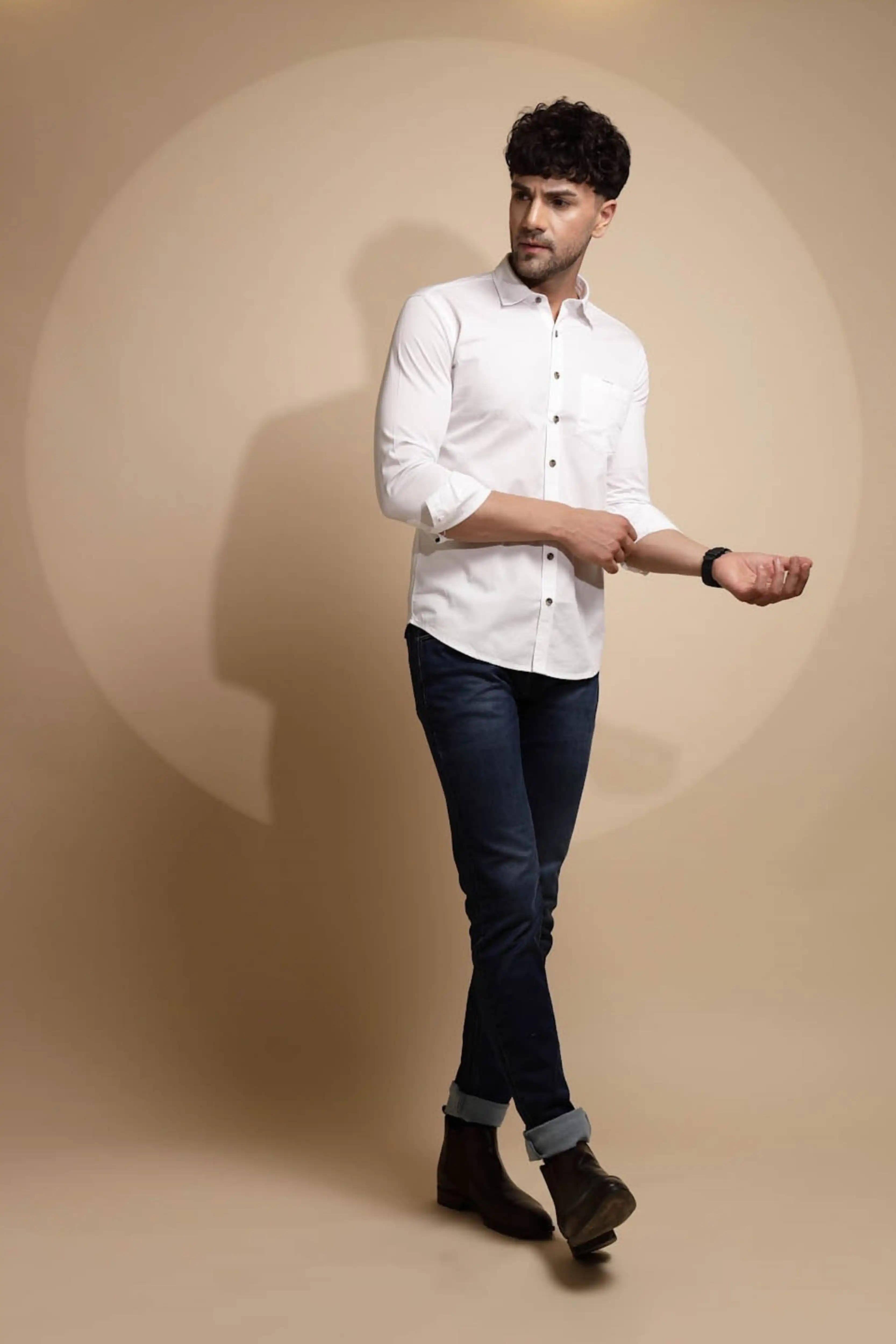 White Solid Cotton Blend Shirt - Image 6