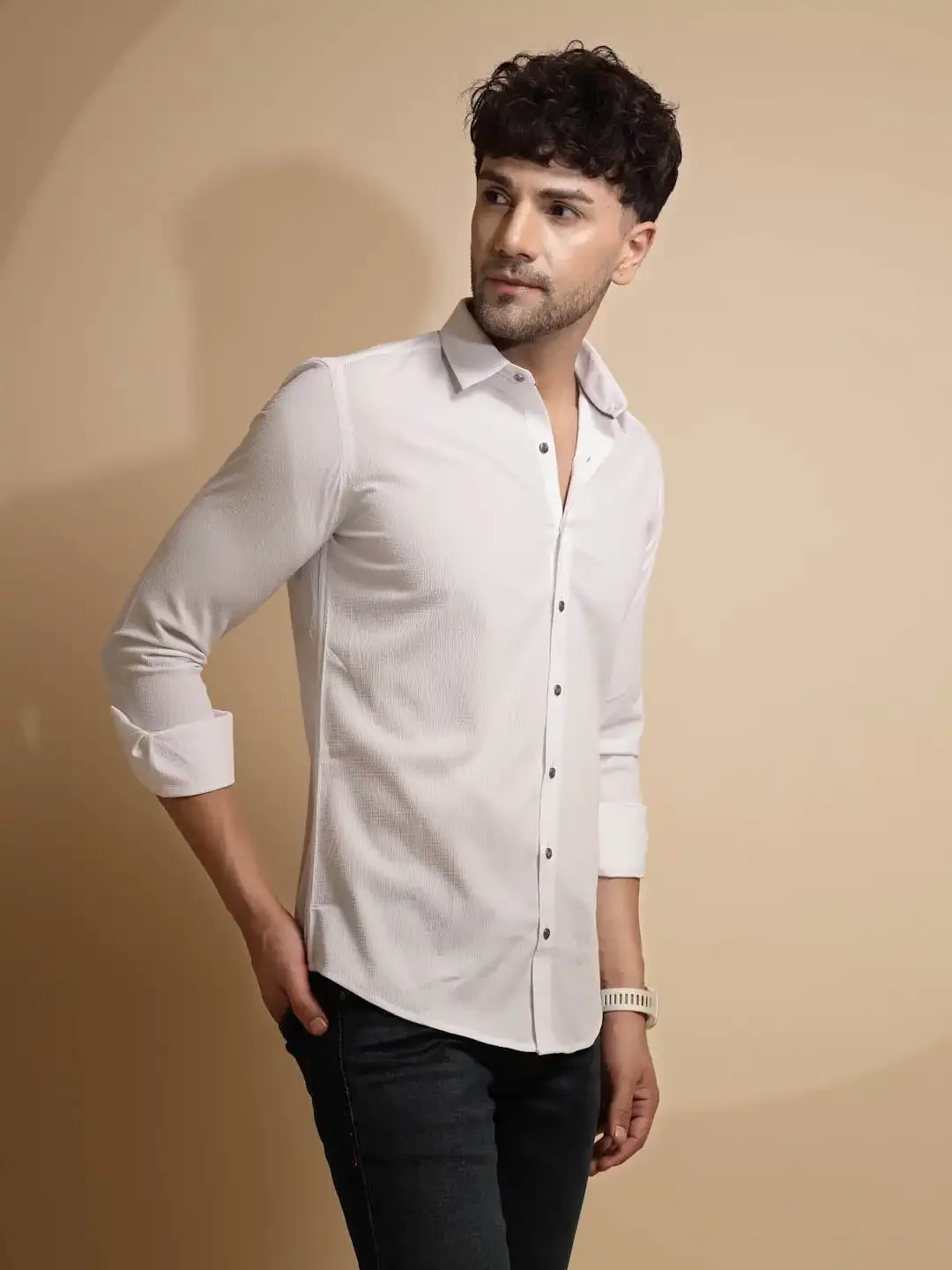White Solid Full Sleeve Collared Neck Shirt - Image 4