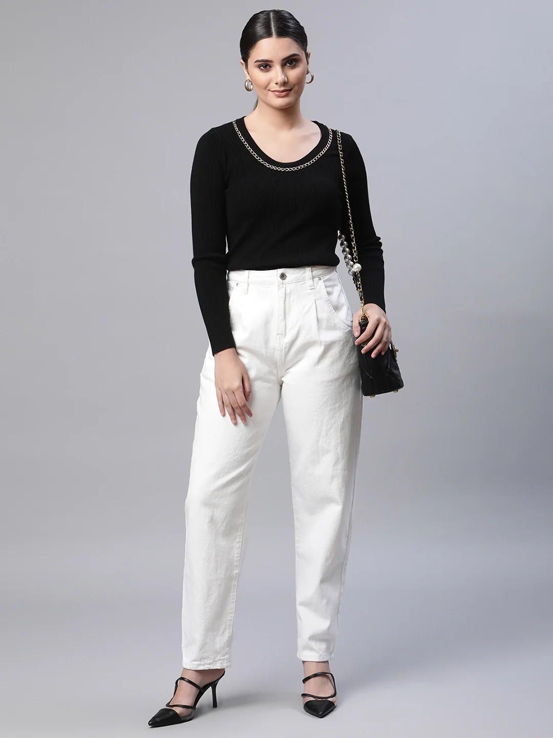 White Solid Loose Fit Jeans - Image 6