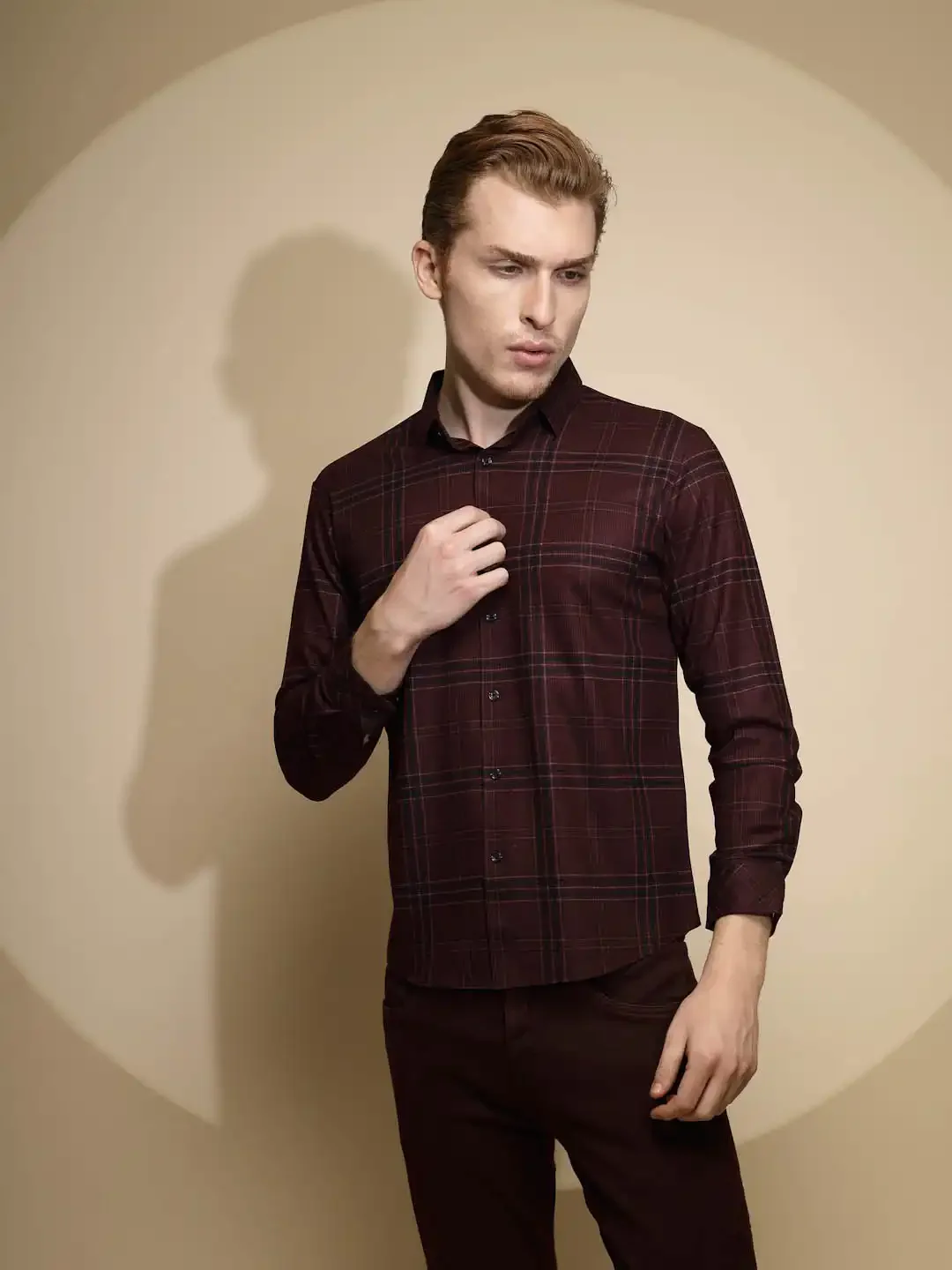 Wine Full Sleeve Collared Neck Check Shirt - Image 6