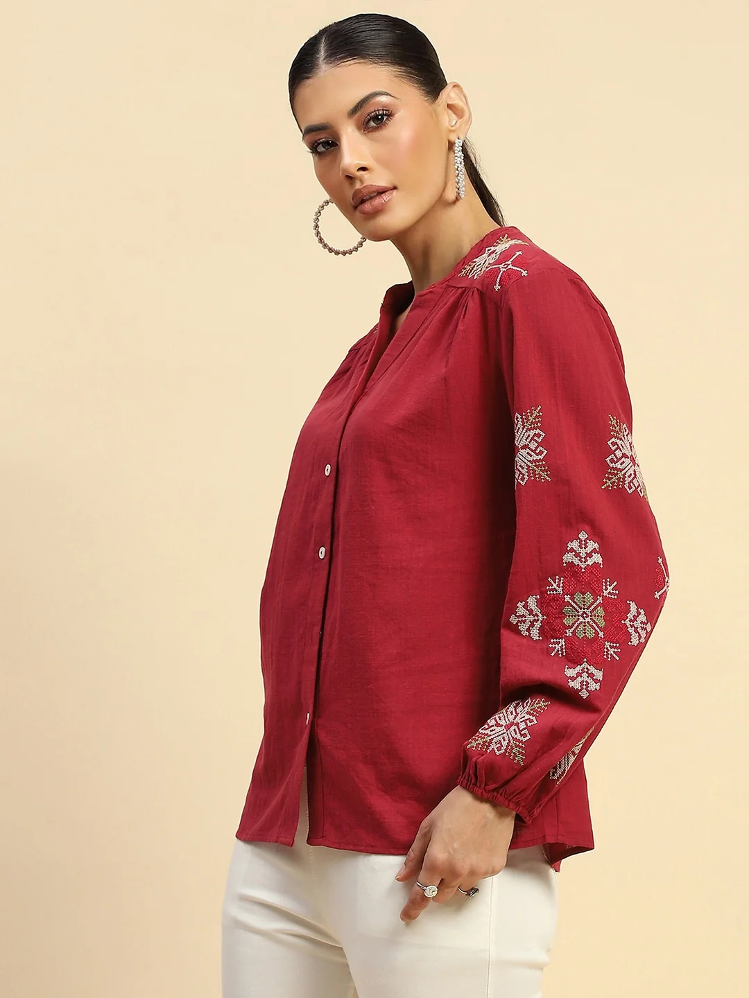 Wine Embroidered Cotton Loose Shirt - Image 8