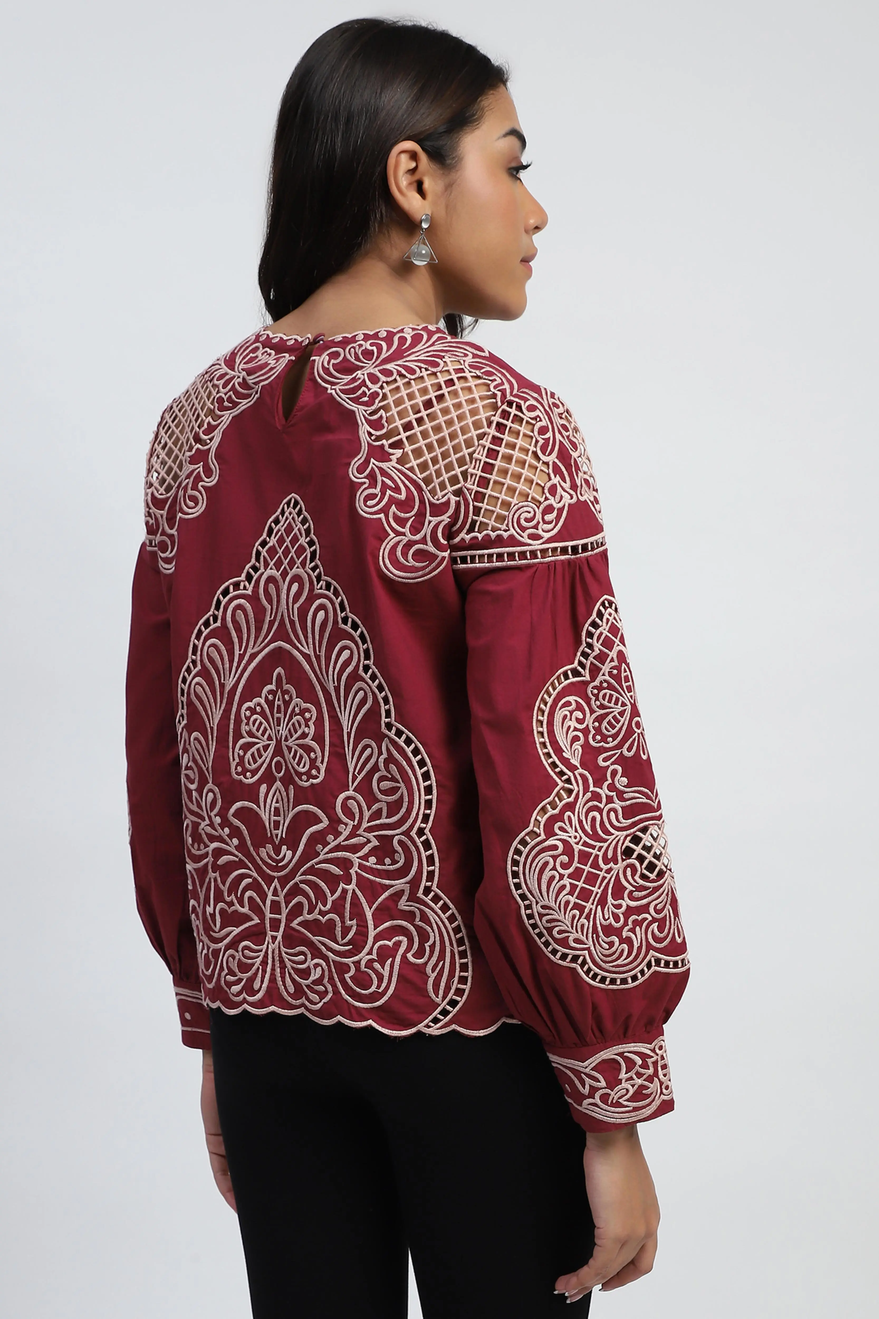 Wine Cut Work Embroidered Top - Image 4