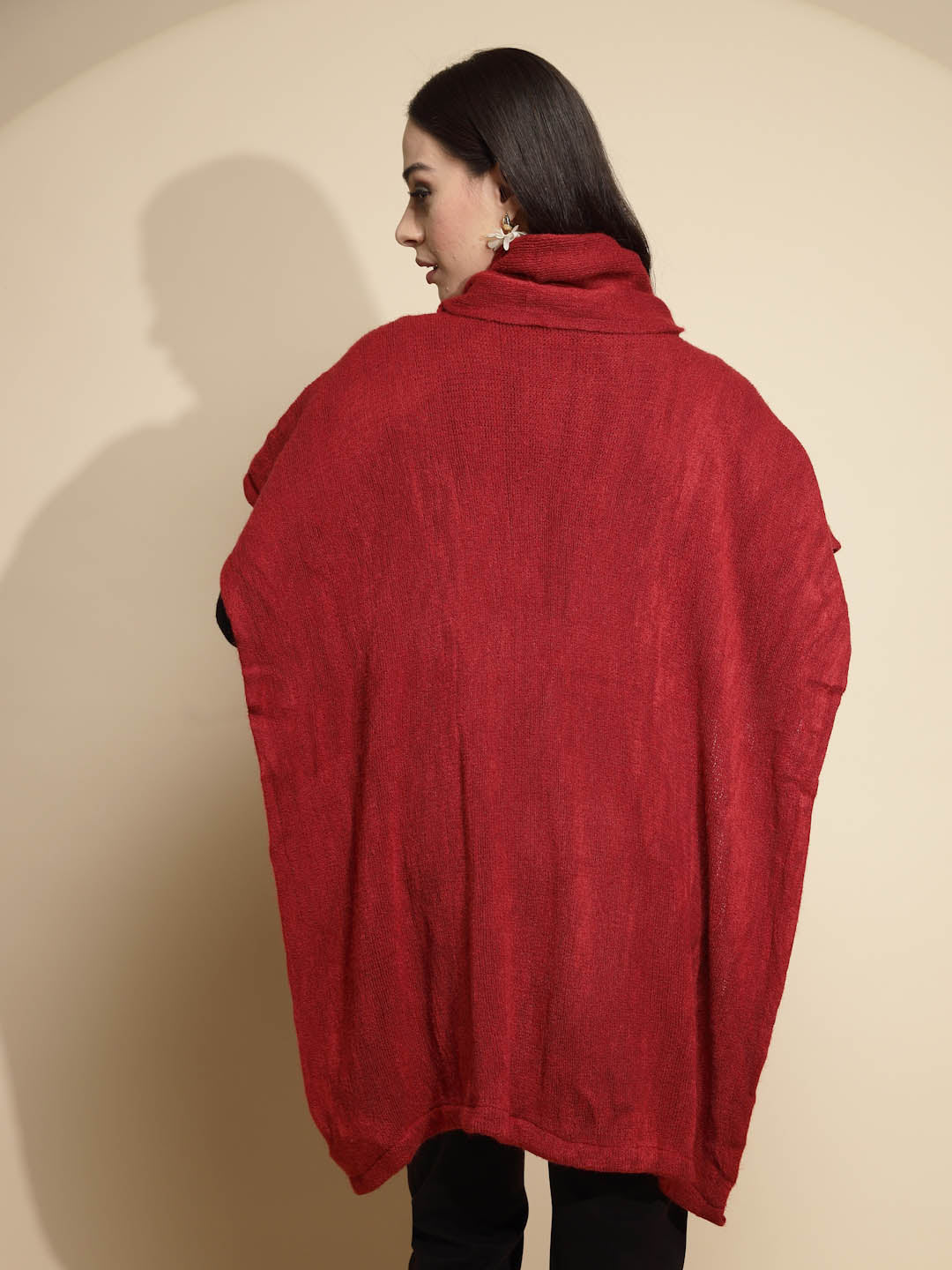 Wine Solid Half Sleeve Turtle Neck Acrylic Poncho - Image 2