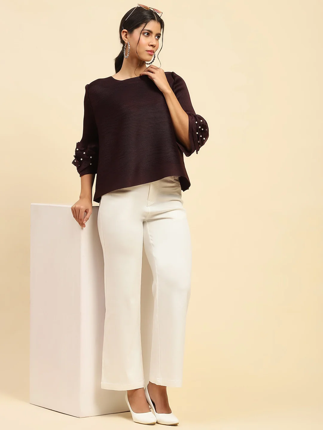 Wine Solid Loose Fit Pleated Blouse - Image 6