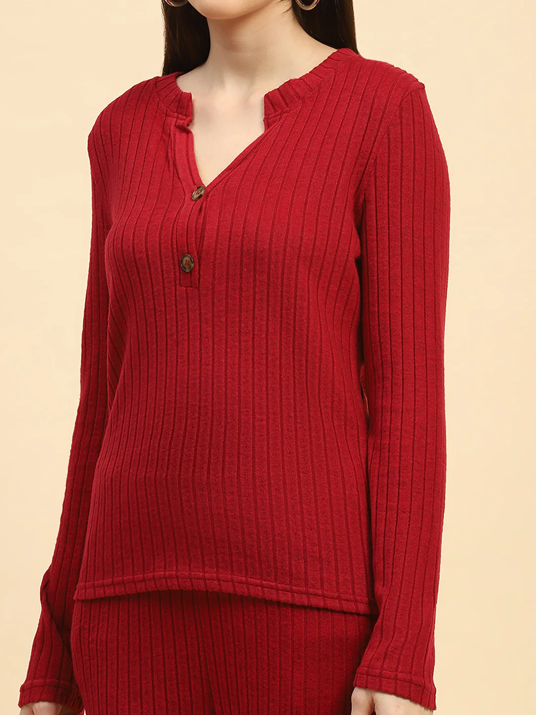 Solid Ribbed Slim Fit Night Suit - Image 4