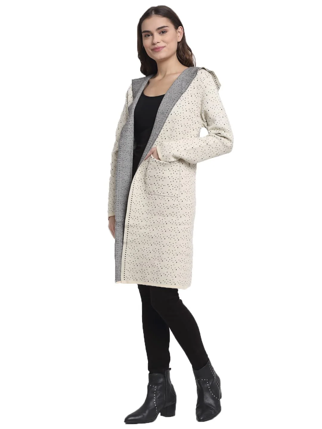 Women Beige Hooded Knitted Loose Fit Shrug - Image 2