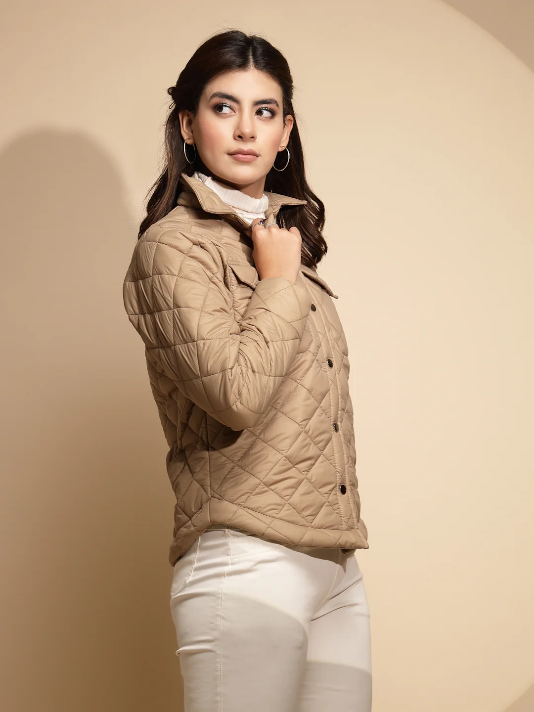 Beige Solid Full Sleeve Collar Neck Shacket - Image 9