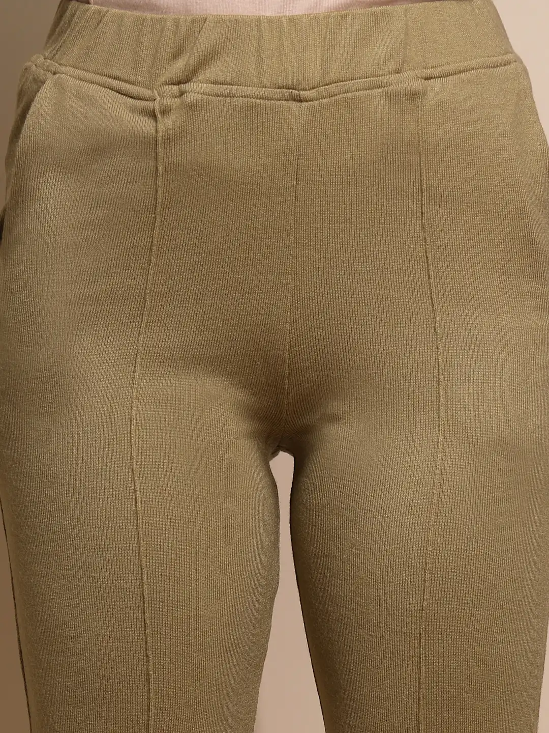 Women Beige Solid Pants Corduroy Mid Rise - Image 3