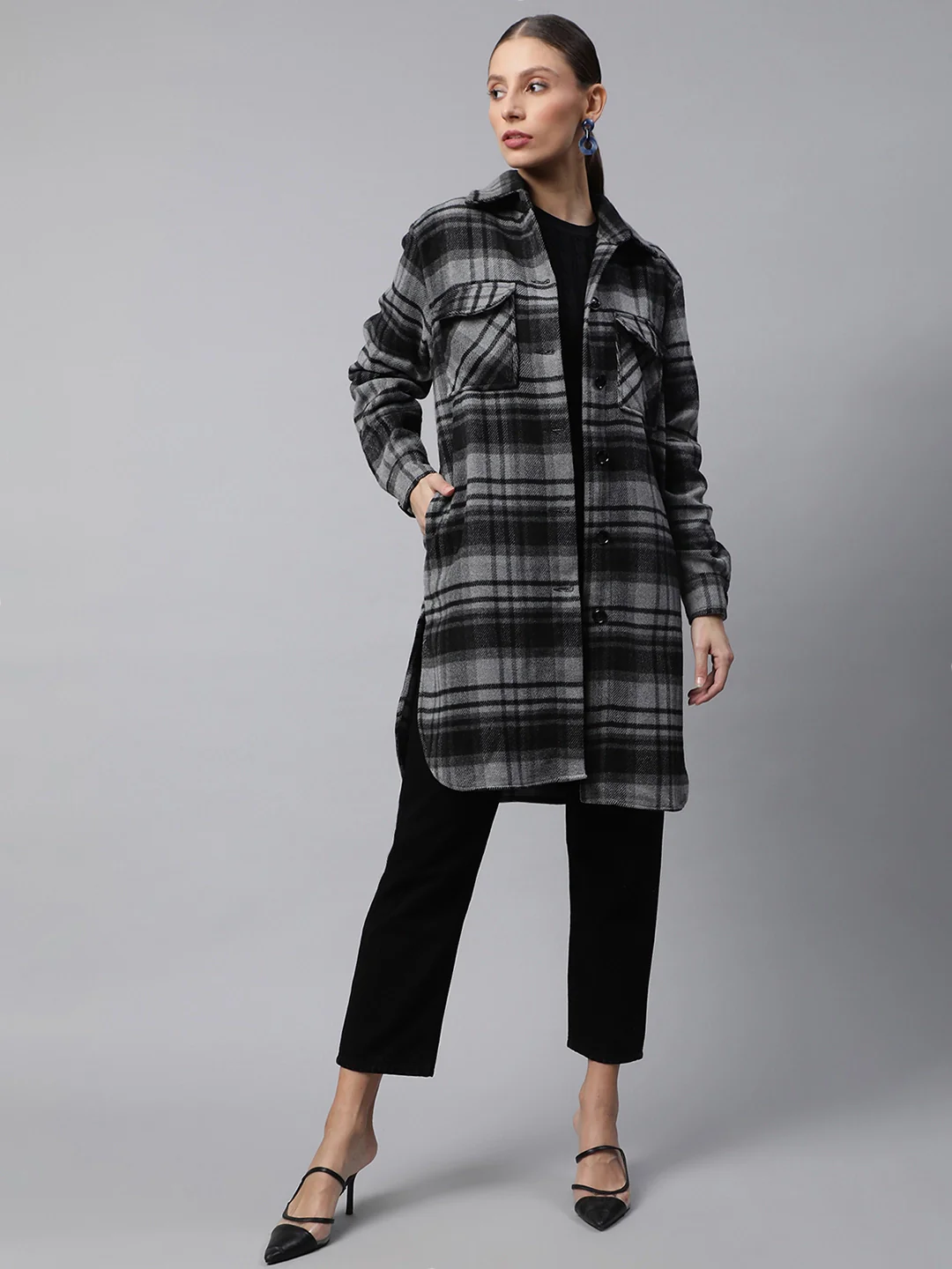 Black Checkered Flannel Knee Length Shacket - Image 3