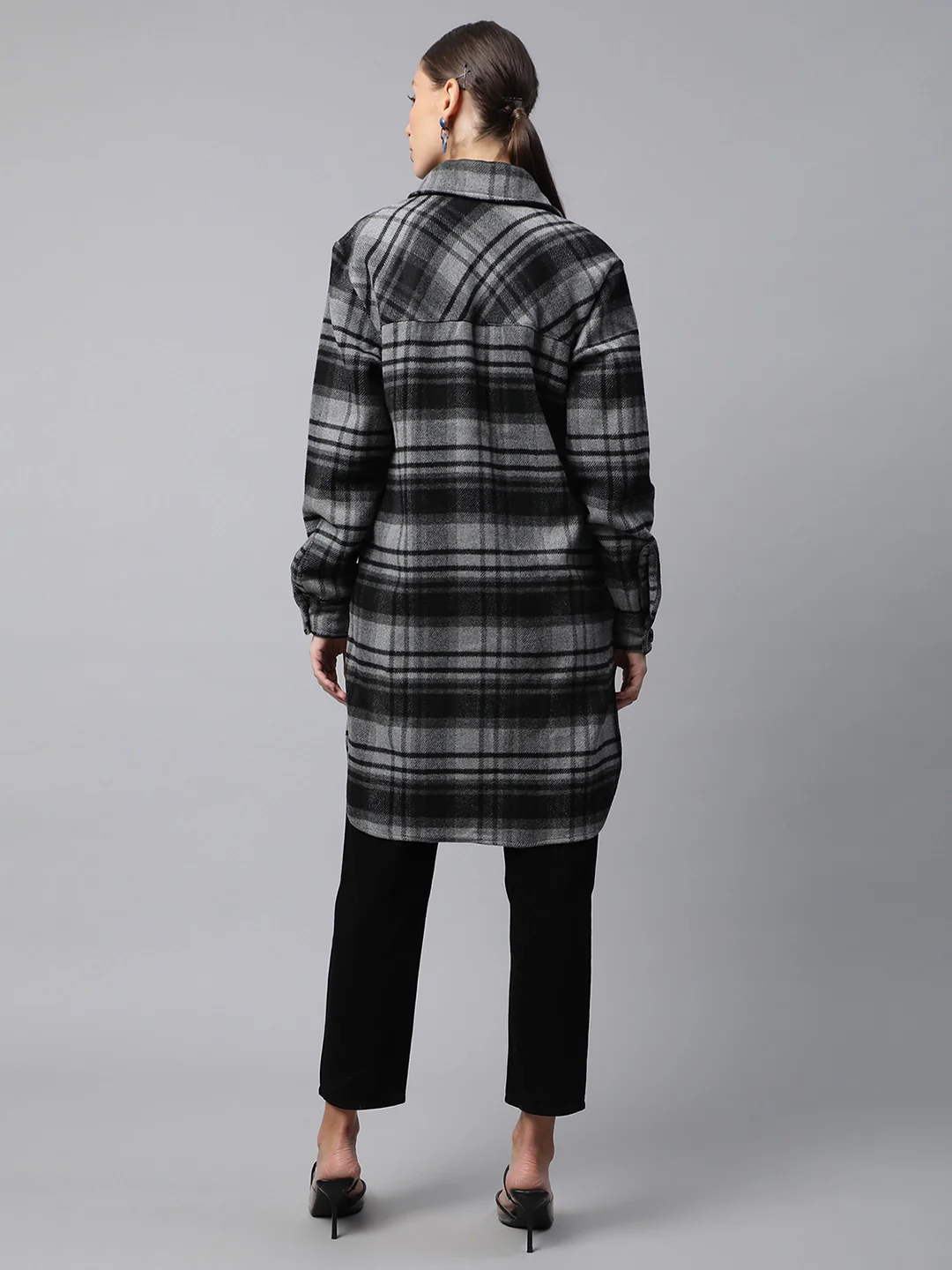 Black Checkered Flannel Knee Length Shacket - Image 4