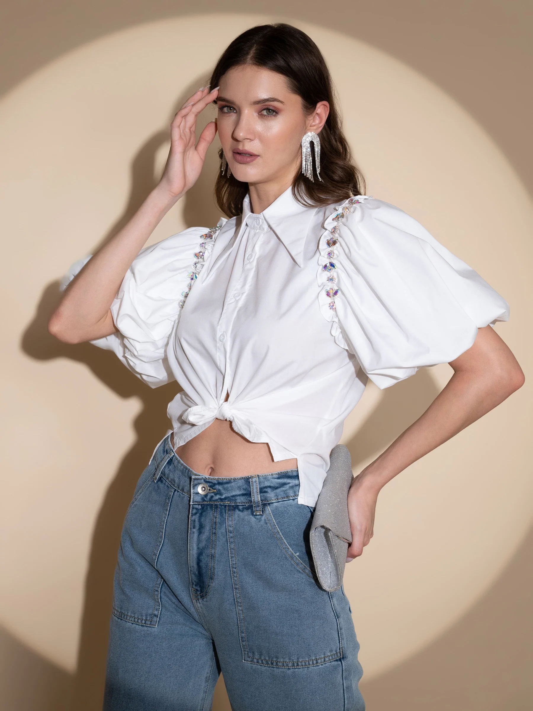 Black Collar Neck Puffed Sleeves Shirt - Image 5