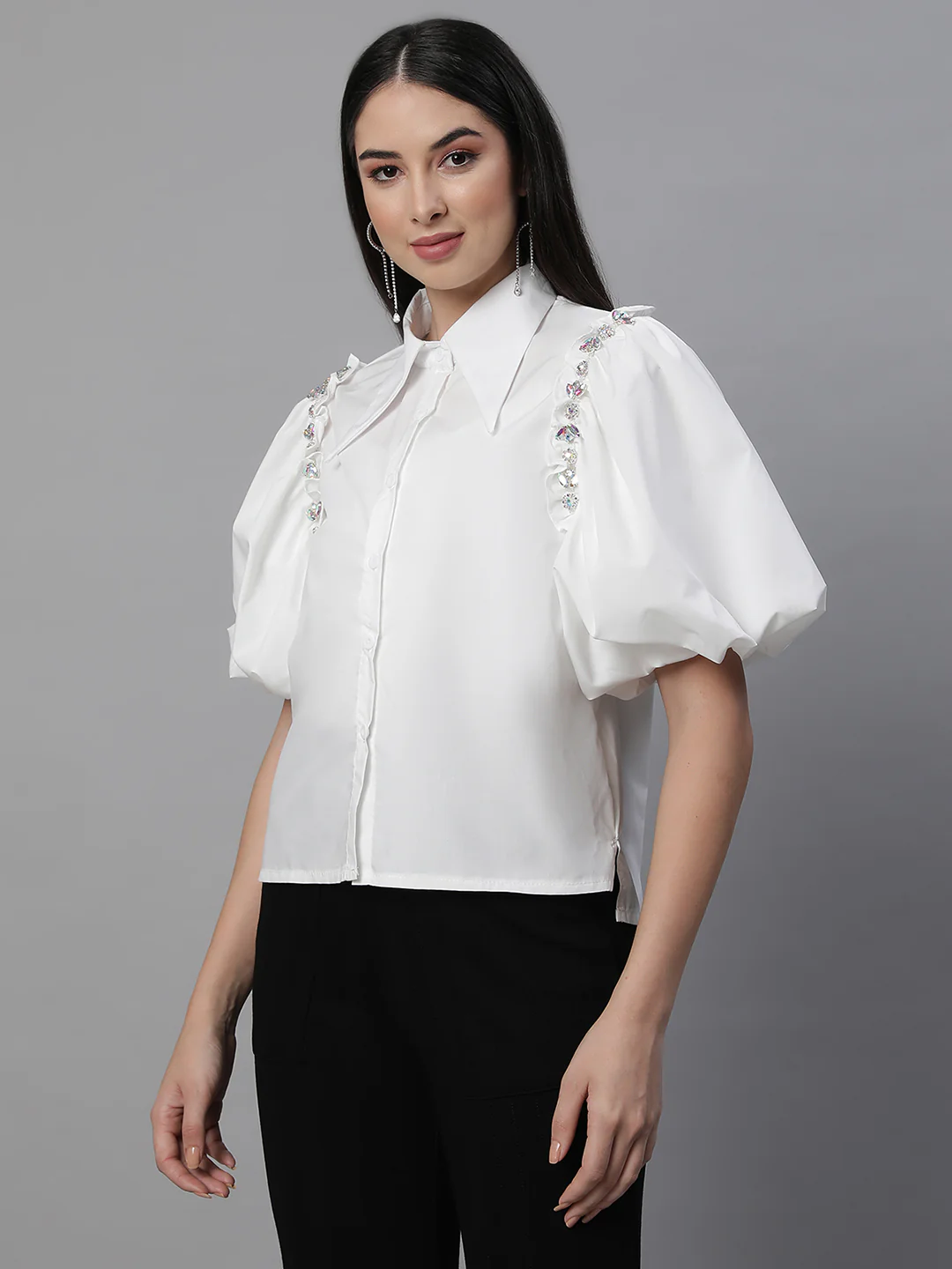 Black Collar Neck Puffed Sleeves Shirt - Image 7