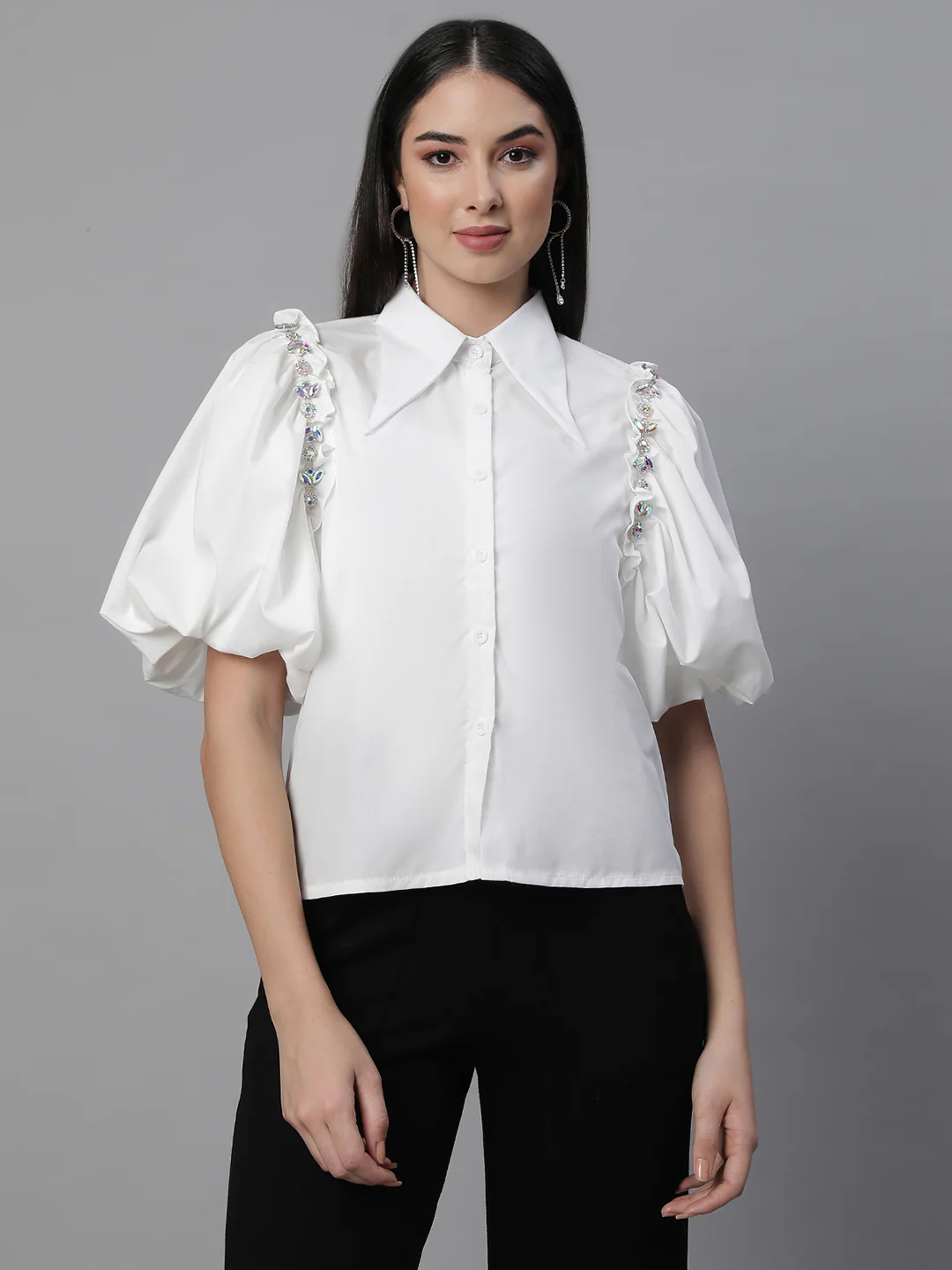 Black Collar Neck Puffed Sleeves Shirt - Image 8