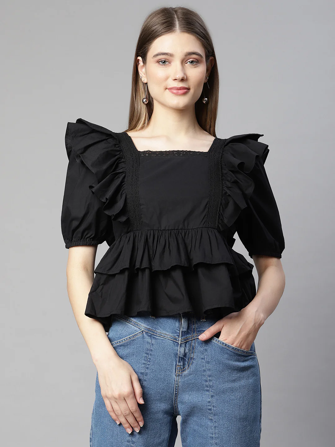 Women Butterfly Peplum Blouson Top - Image 2