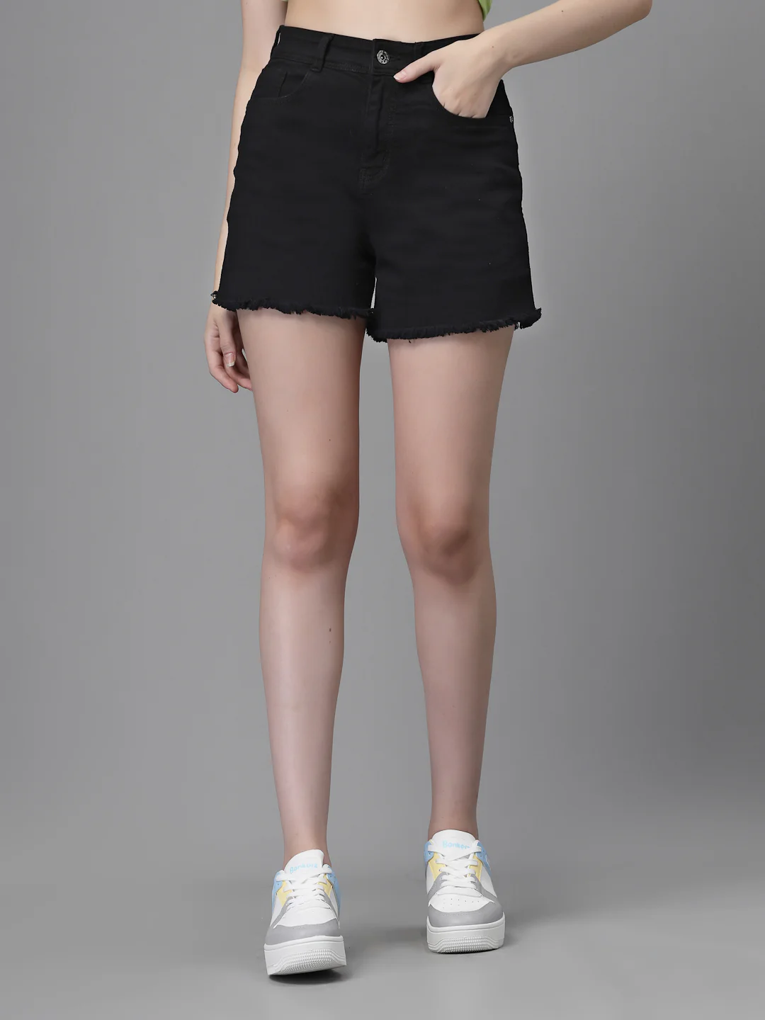 Black Cotton Blend Solid High Rise Casual Shorts - Image 4