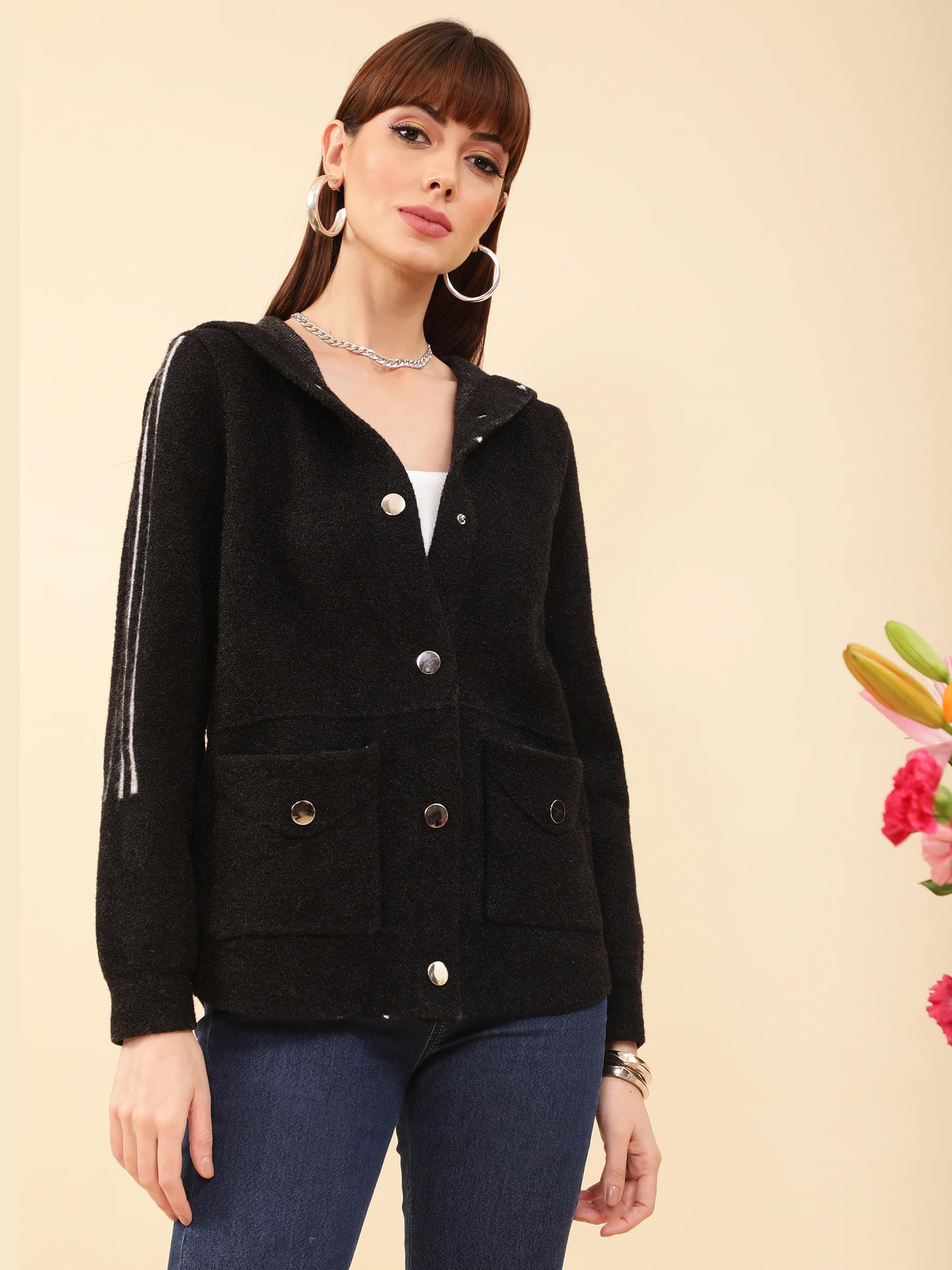 Black Regular Fit Hooded Jacket - Image 2