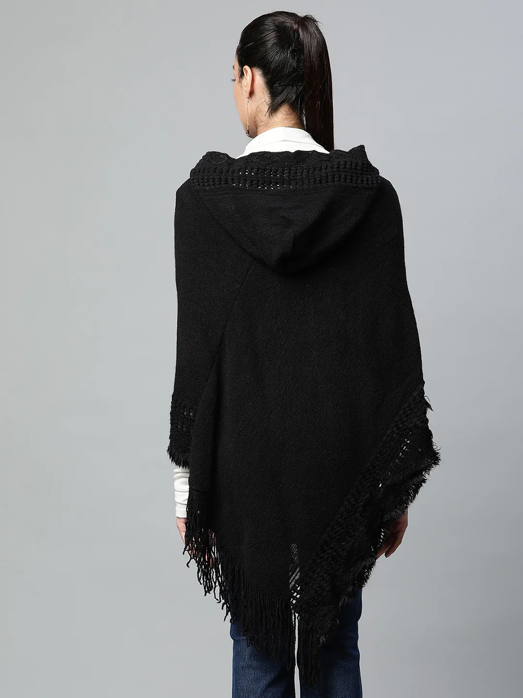 Black Hooded Lace-Up Asymmetric Poncho - Image 2