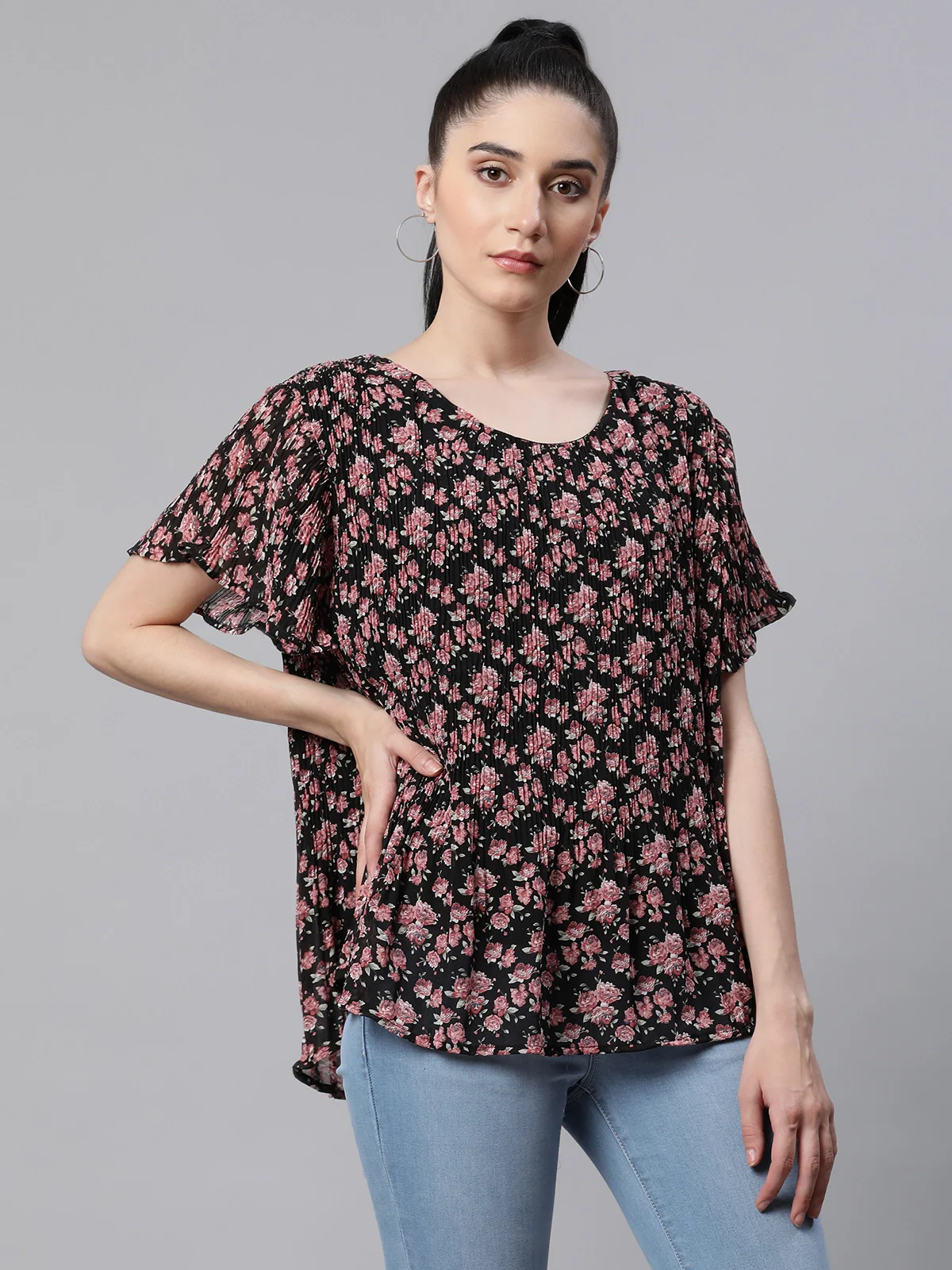 Floral Printed Black Loose Fit Party Blouson Top - Image 4