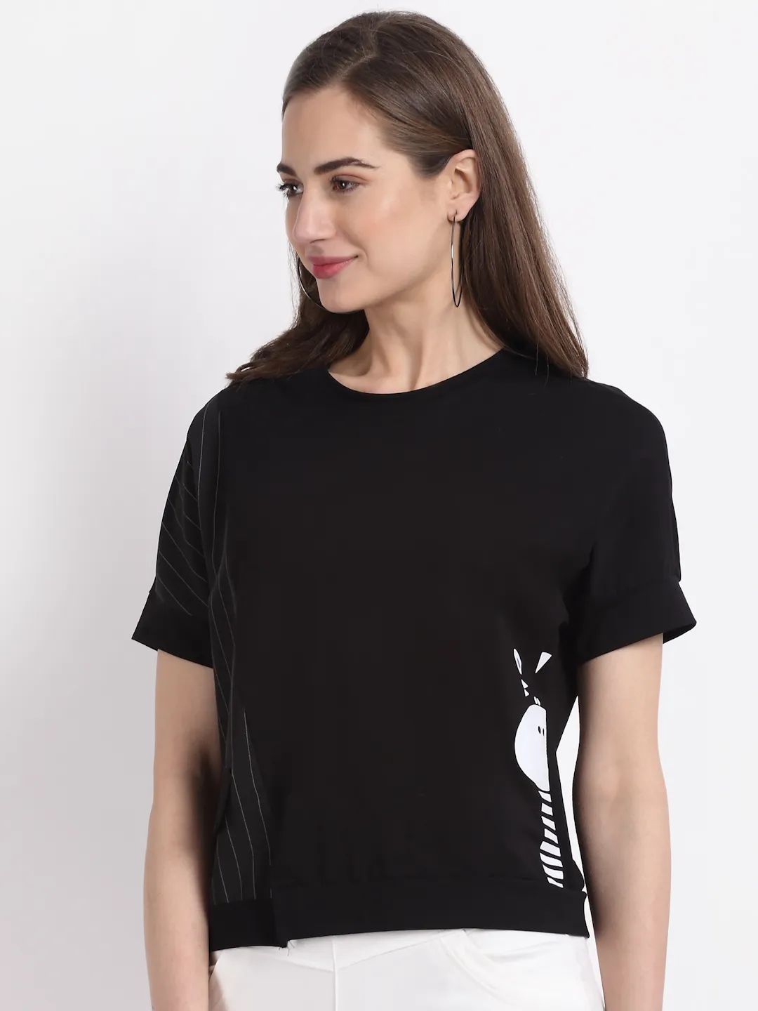 Women Solid Black Round Neck Hosiery Top - Image 4