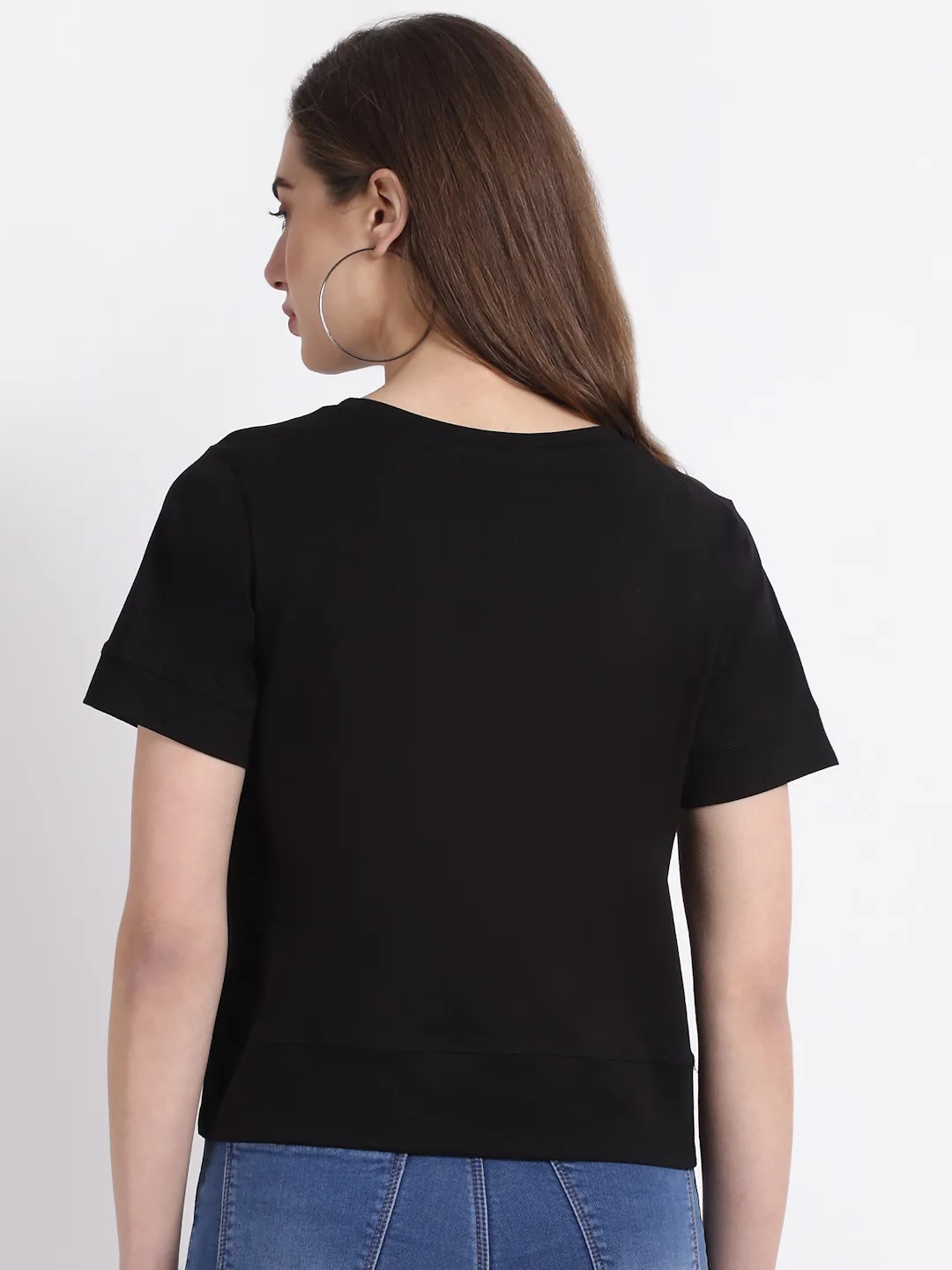 Women Round Neck Cotton Solid Black Top - Image 4