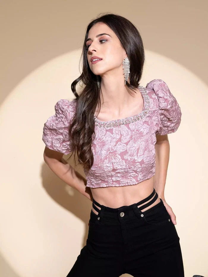 Black Jacquard Embellished Crop Top - Image 14