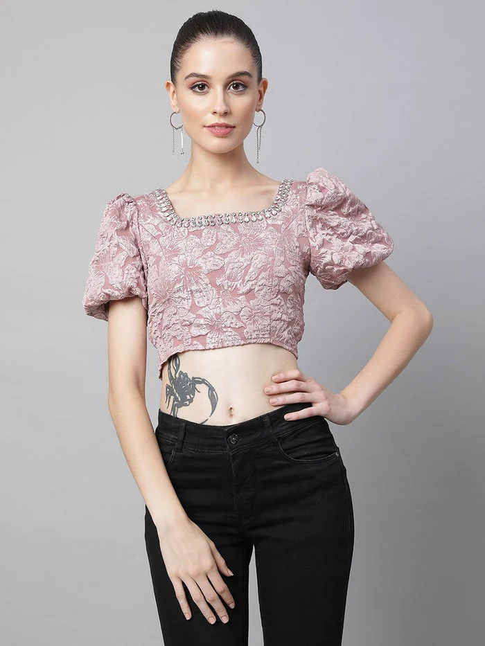 Black Jacquard Embellished Crop Top - Image 15