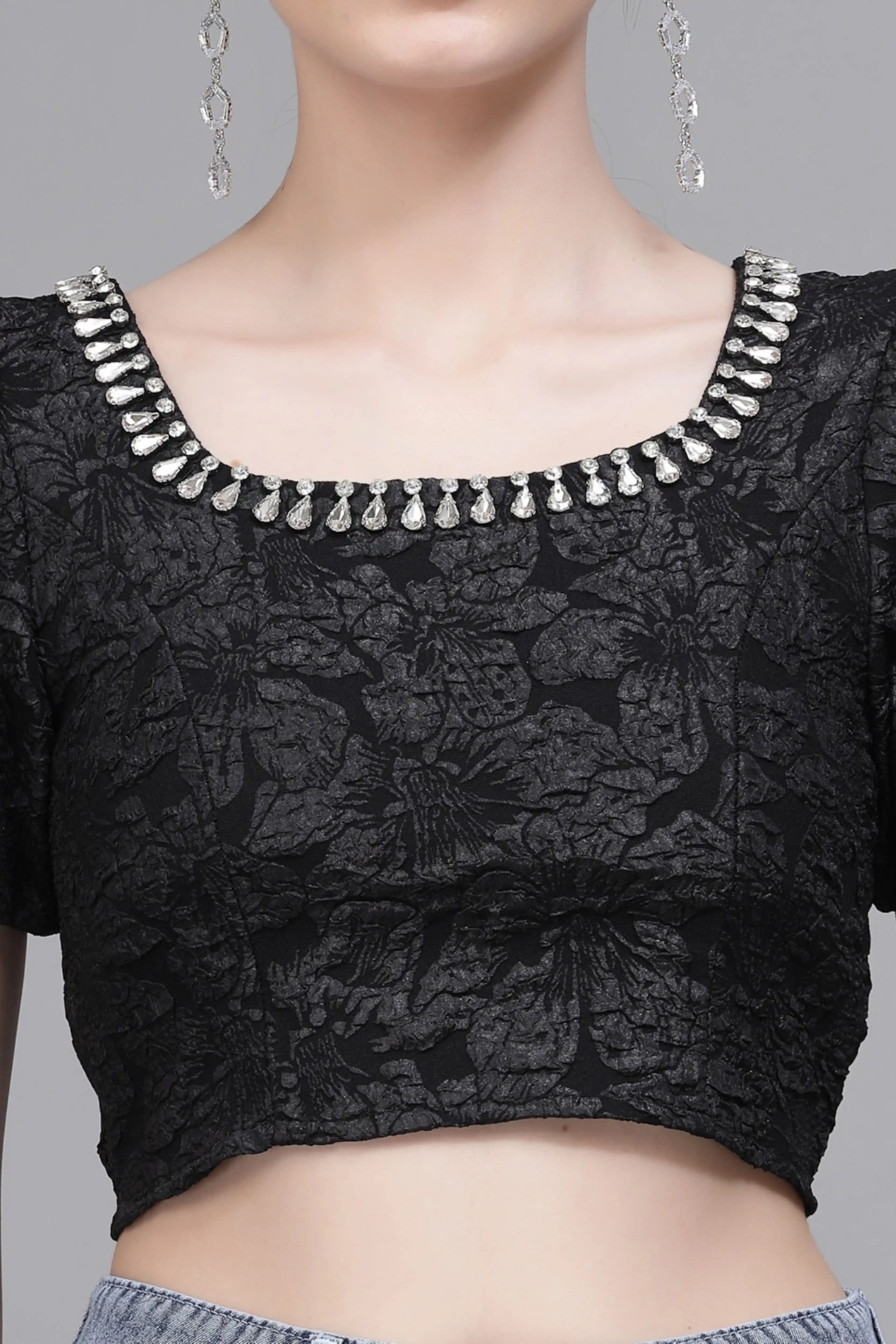 Black Jacquard Embellished Crop Top - Image 5