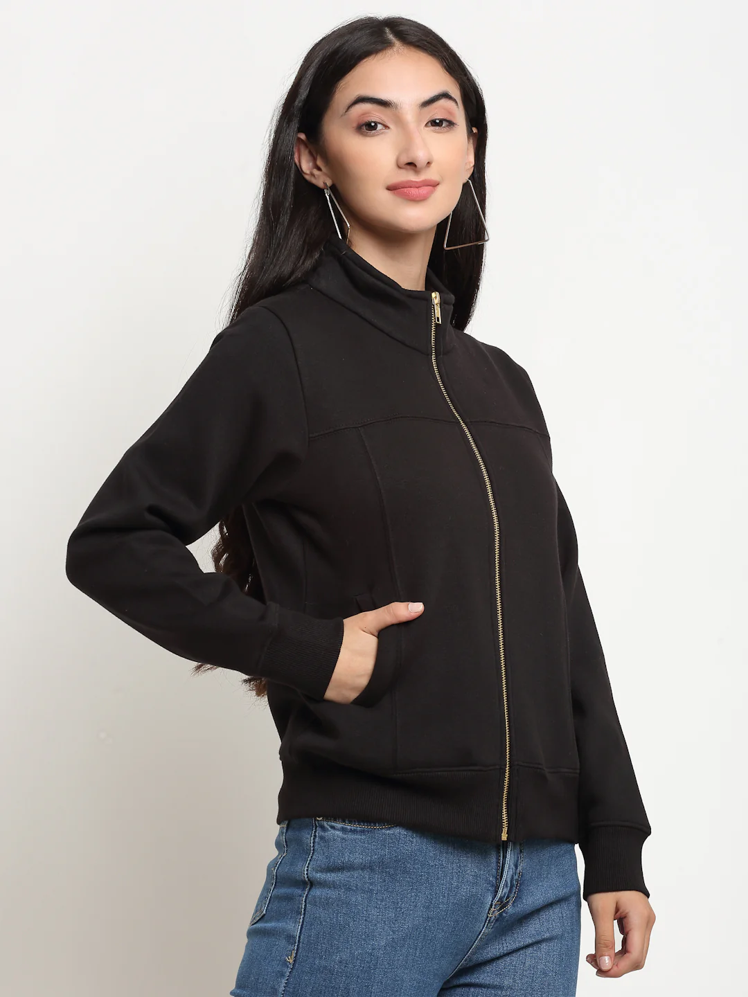 Black Straight Fit Zipper Hooded Sweatshirt - Image 2