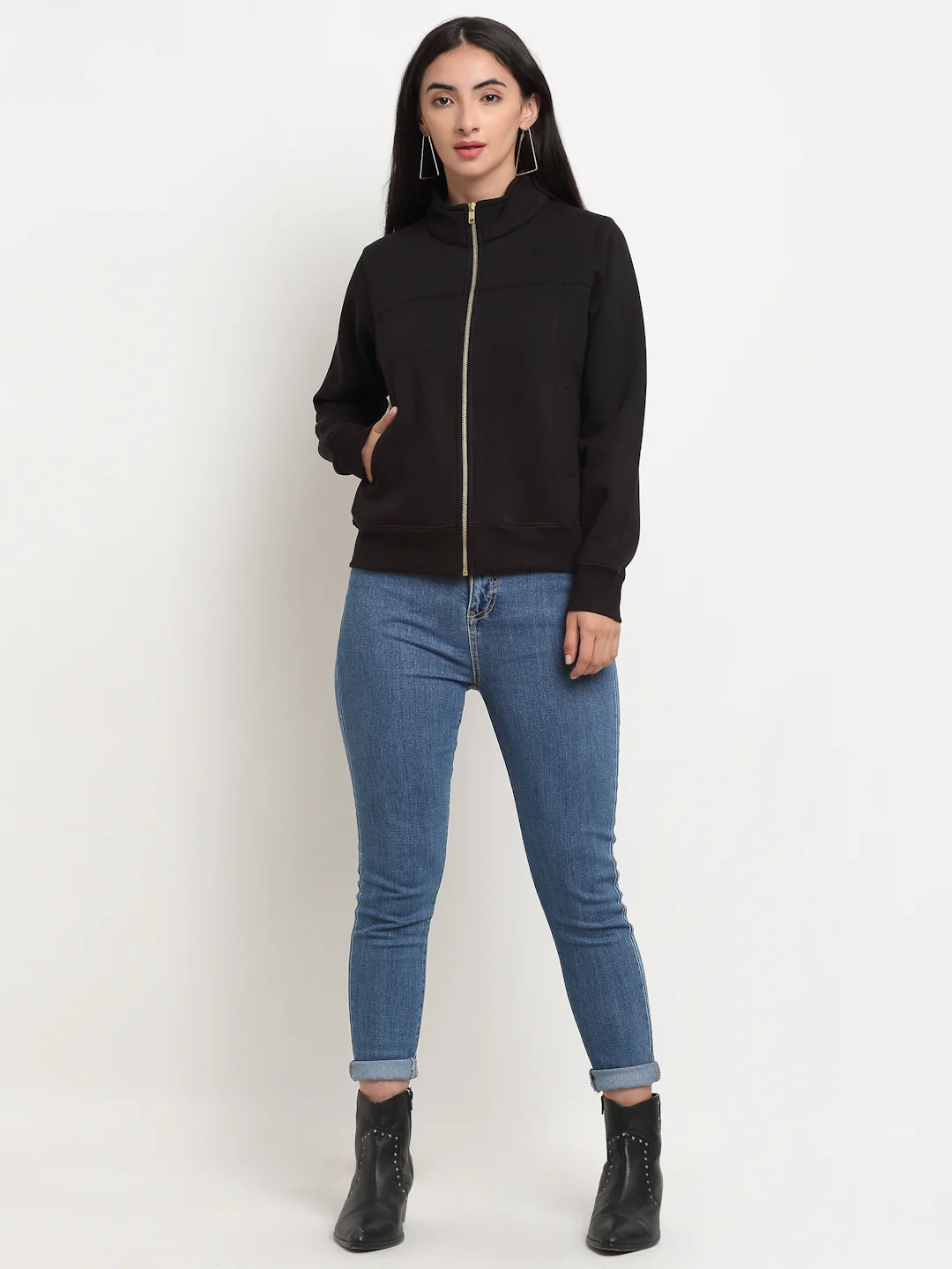 Black Straight Fit Zipper Hooded Sweatshirt - Image 5