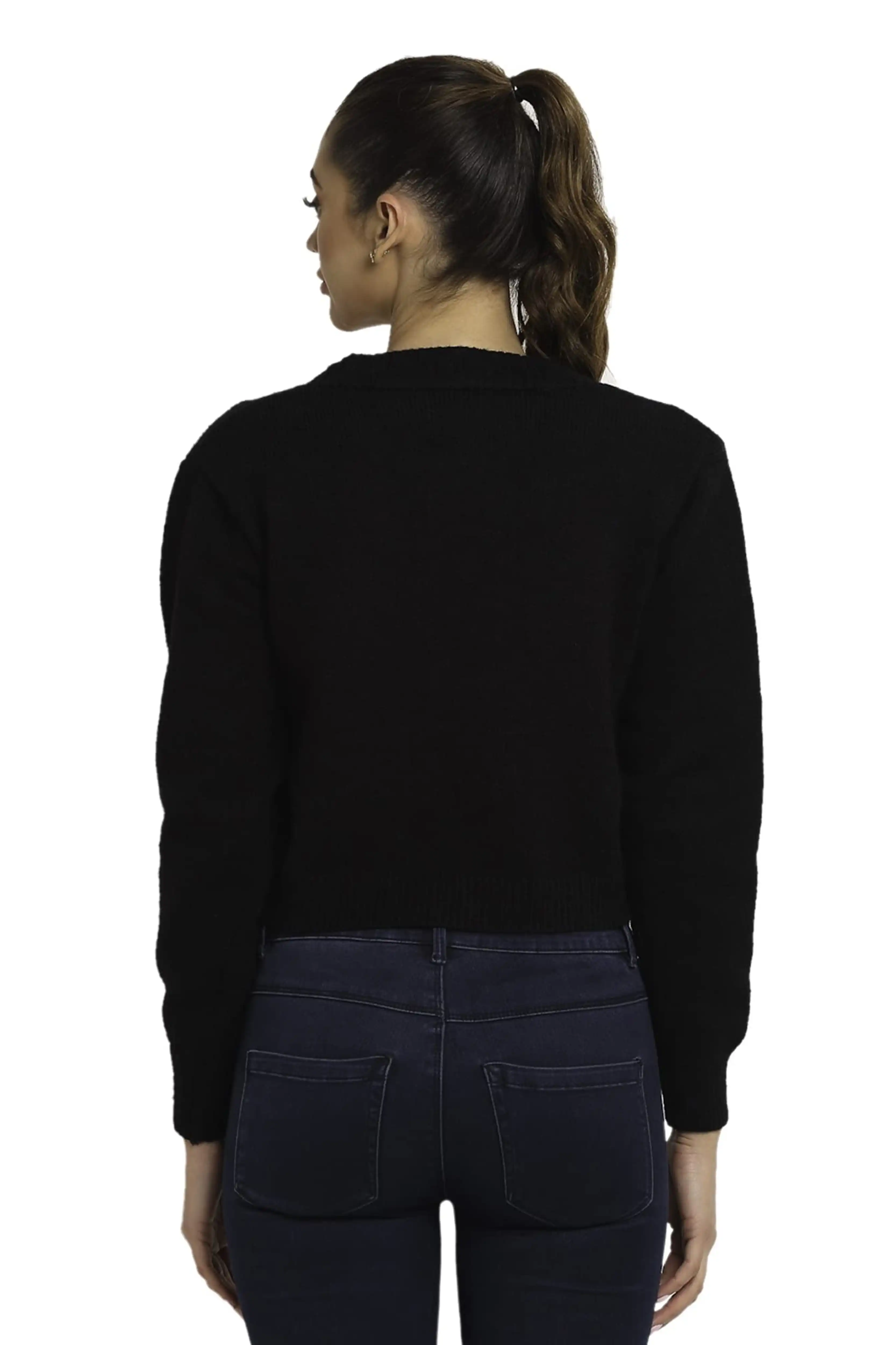 Black Solid Acrylic Crop Cardigan - Image 3