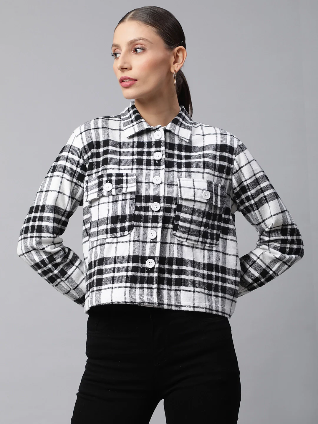 Black & White Loose Fit Checkered Plaid Shirt - Image 2