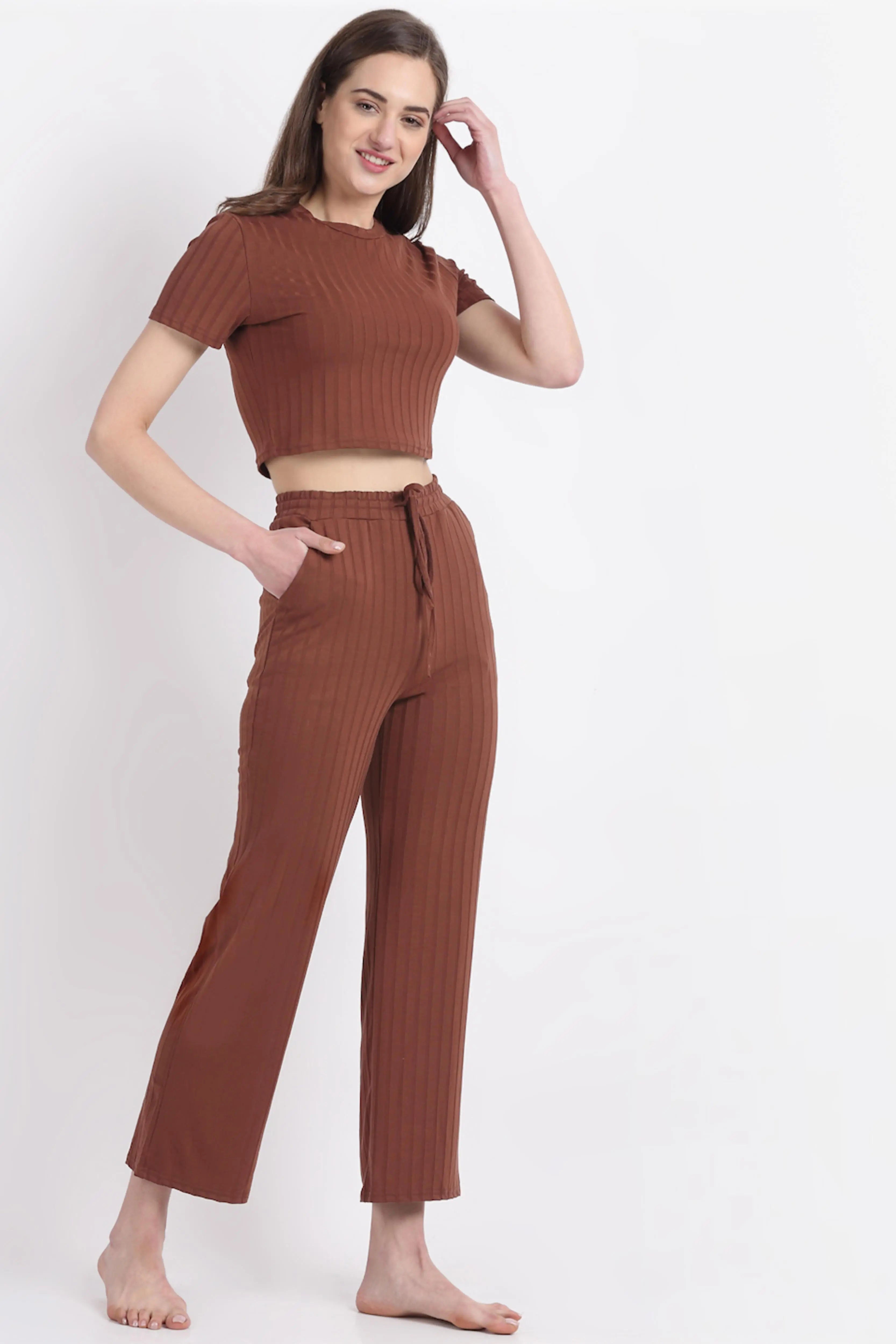 Brown Cotton Solid Nightsuit
